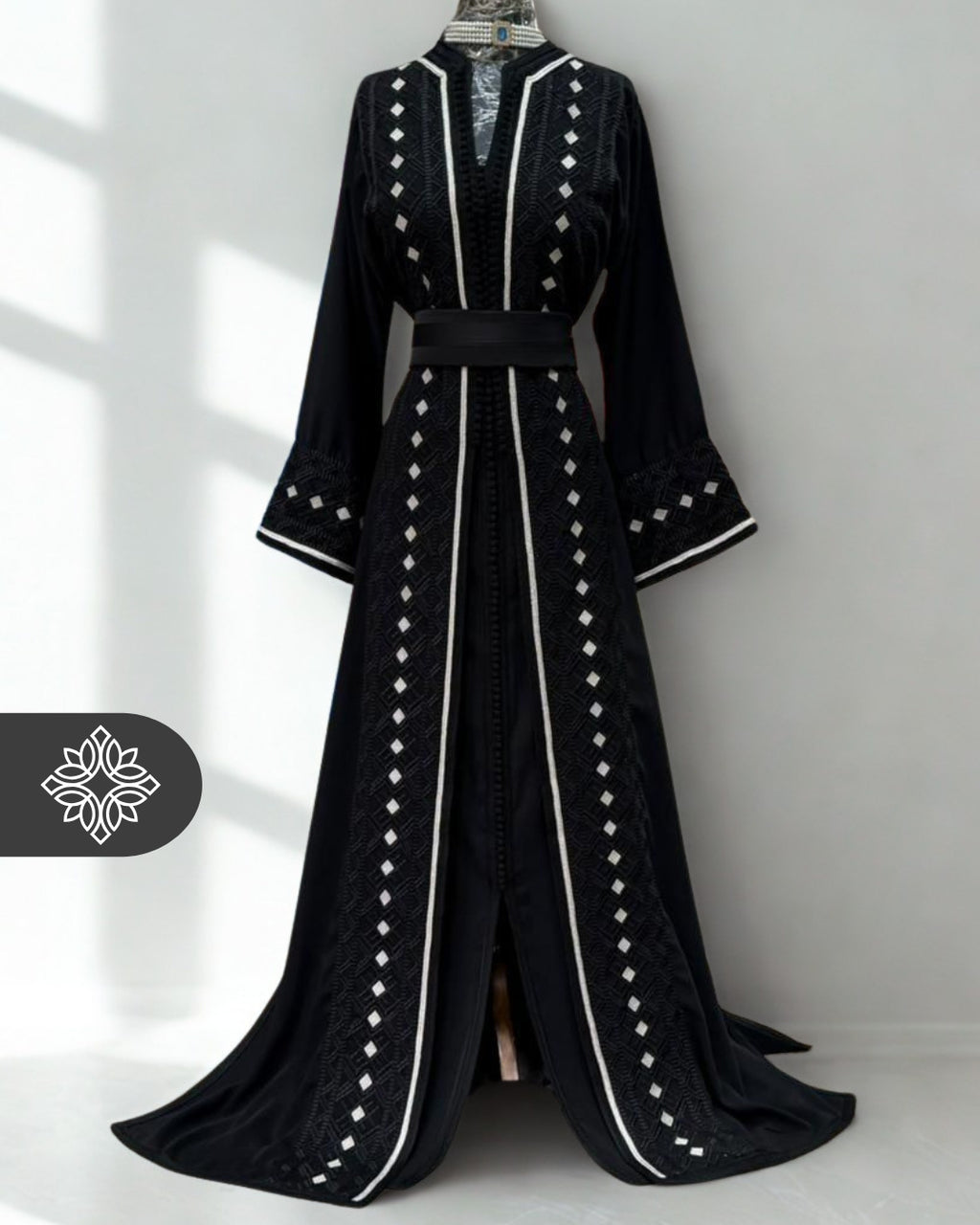 Black Moroccan Takchita | Elegant Two-Piece Kaftan | White Silver Embroidery
