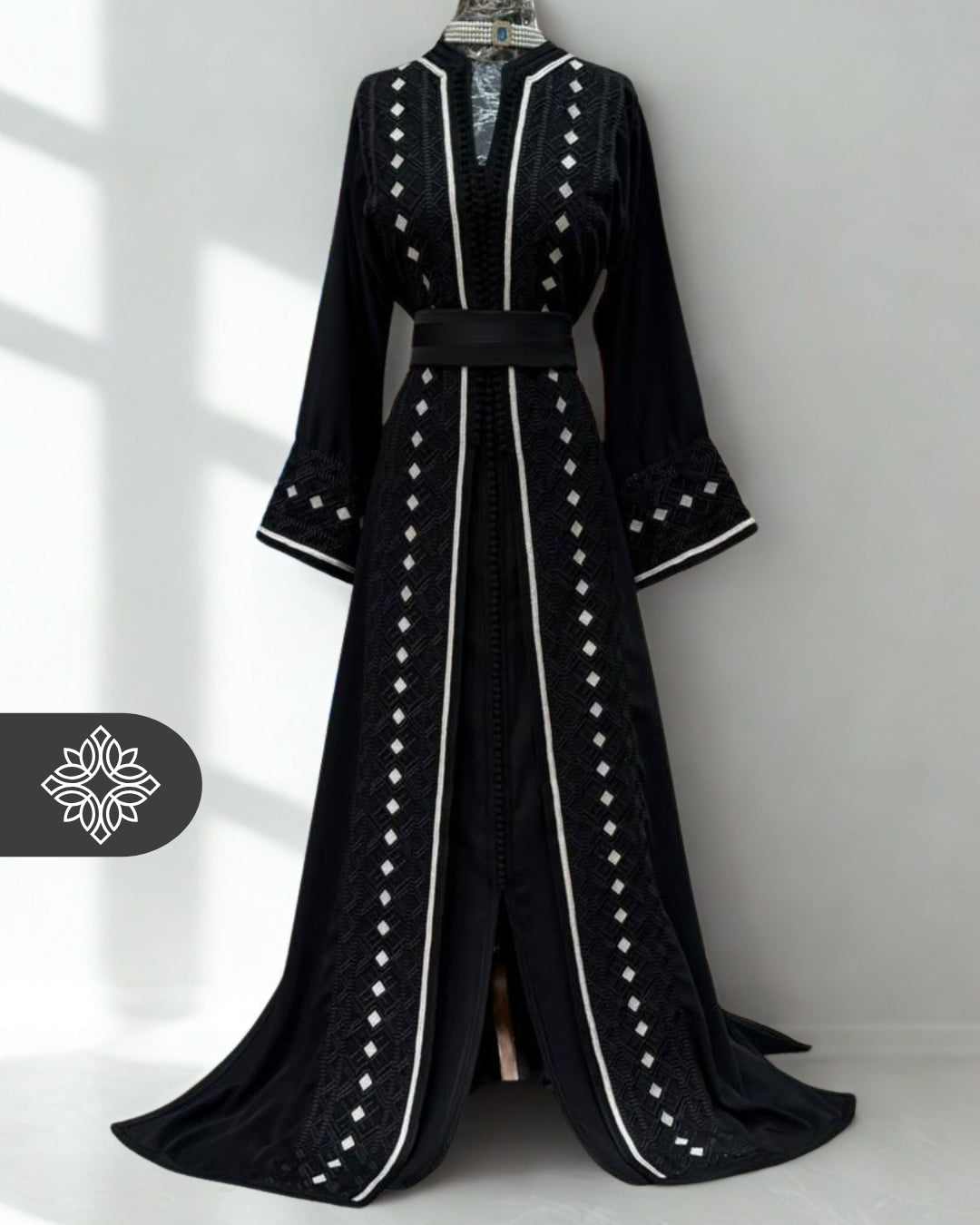 Black Moroccan Takchita | Elegant Two-Piece Kaftan | White Silver Embroidery