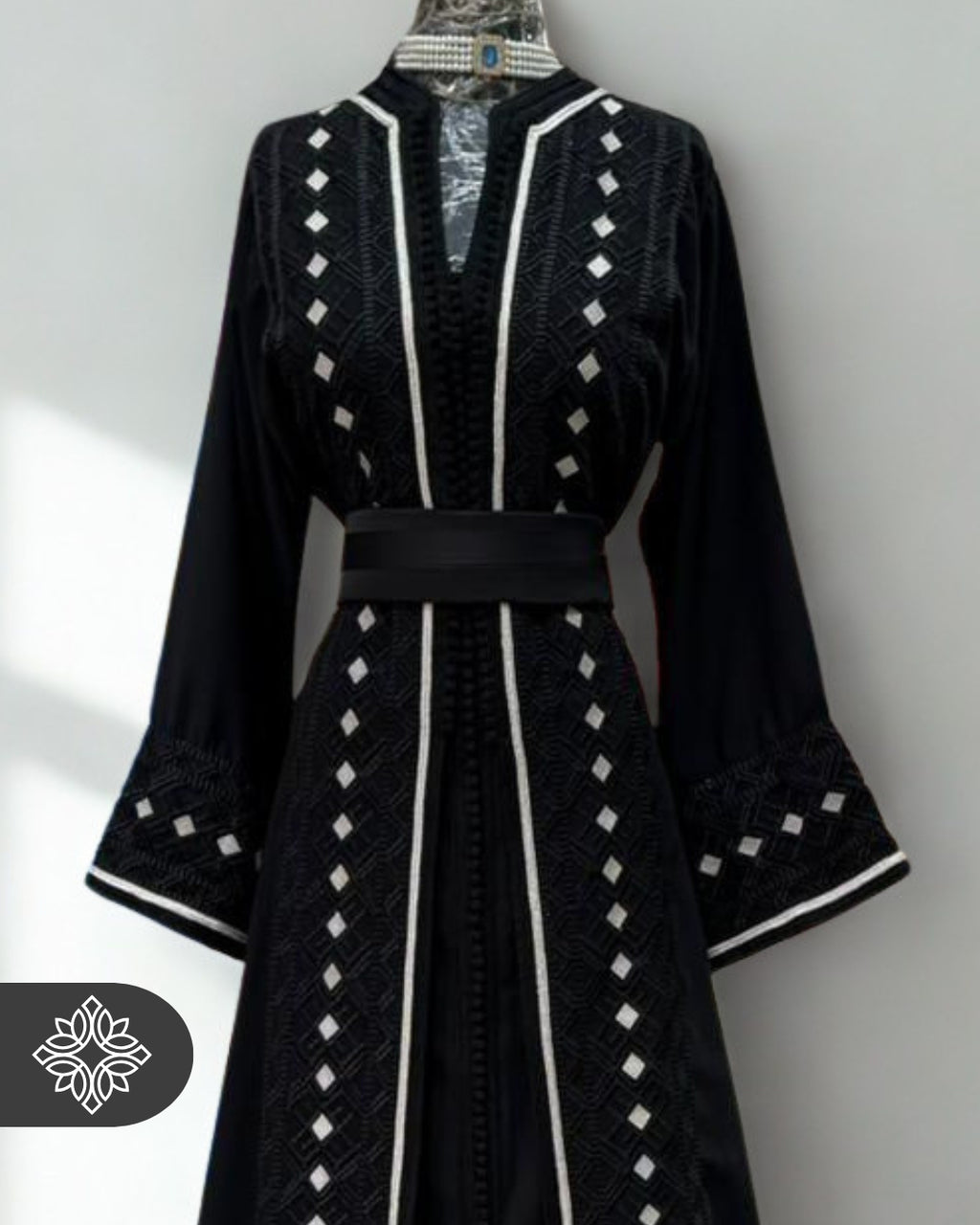 Black Moroccan Takchita | Elegant Two-Piece Kaftan | White Silver Embroidery