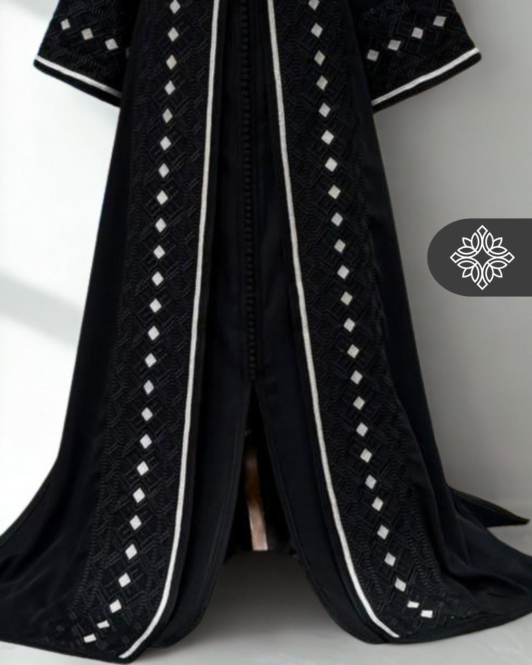 Black Moroccan Takchita | Elegant Two-Piece Kaftan | White Silver Embroidery