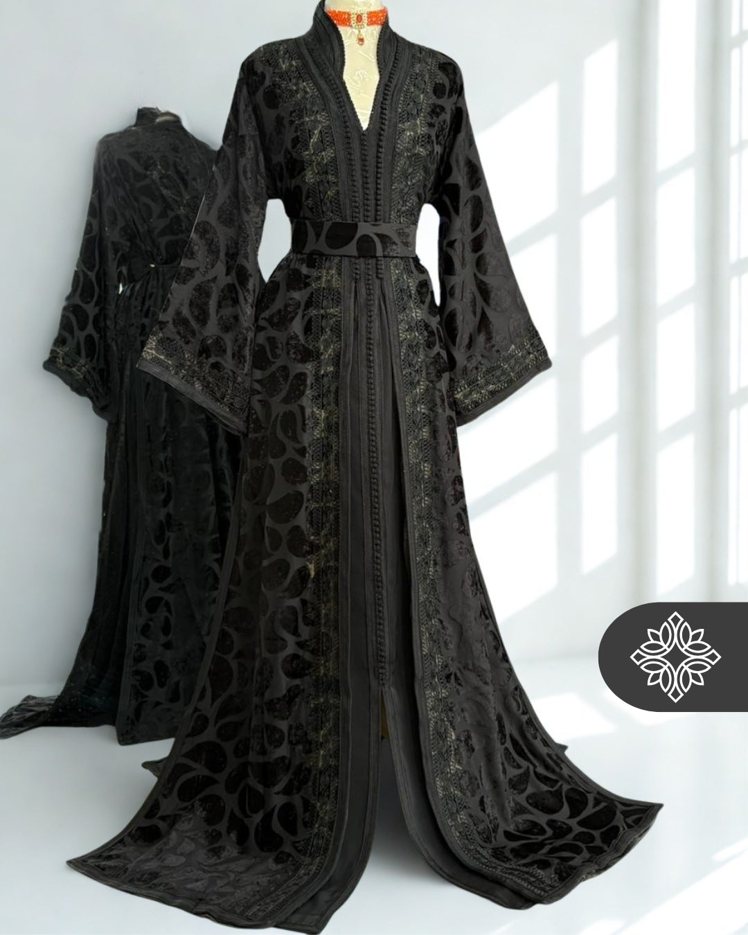 Black Moroccan Takchita | Luxury Two-Piece Kaftan | Tonal Embroidery Iced Velvet