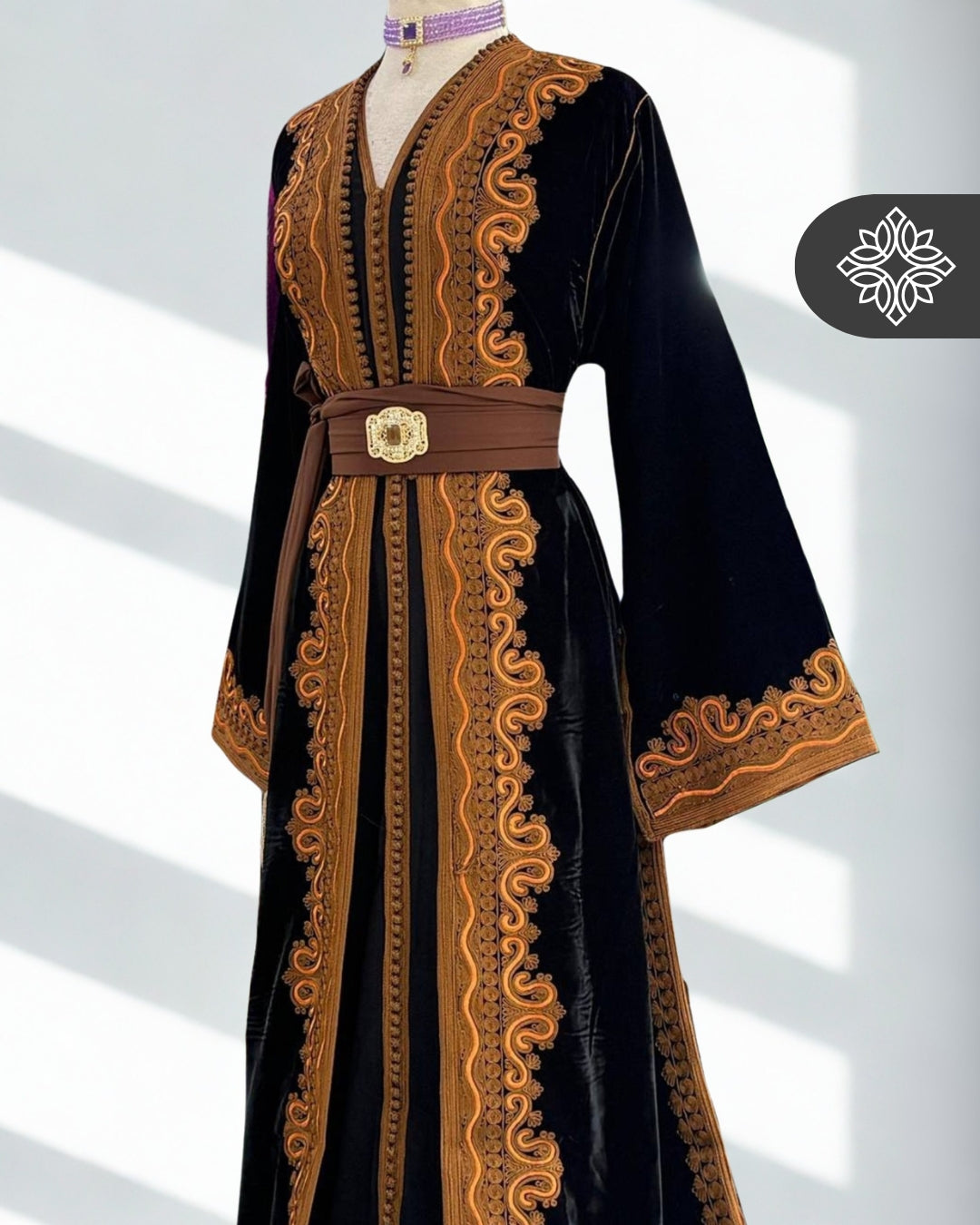 Black Moroccan Two-Piece Kaftan | Brown Tonal Embroidery | Couture Takchita
