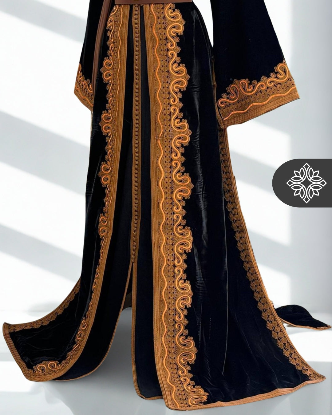 Black Moroccan Two-Piece Kaftan | Brown Tonal Embroidery | Couture Takchita