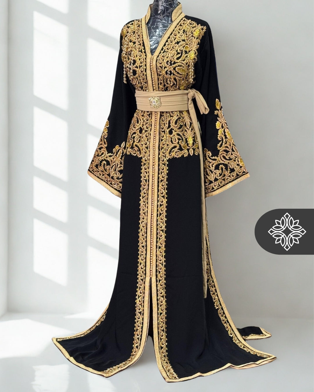 Black Moroccan One-Piece Kaftan | Tonal Gold Embroidery | Royal Moroccan Caftan