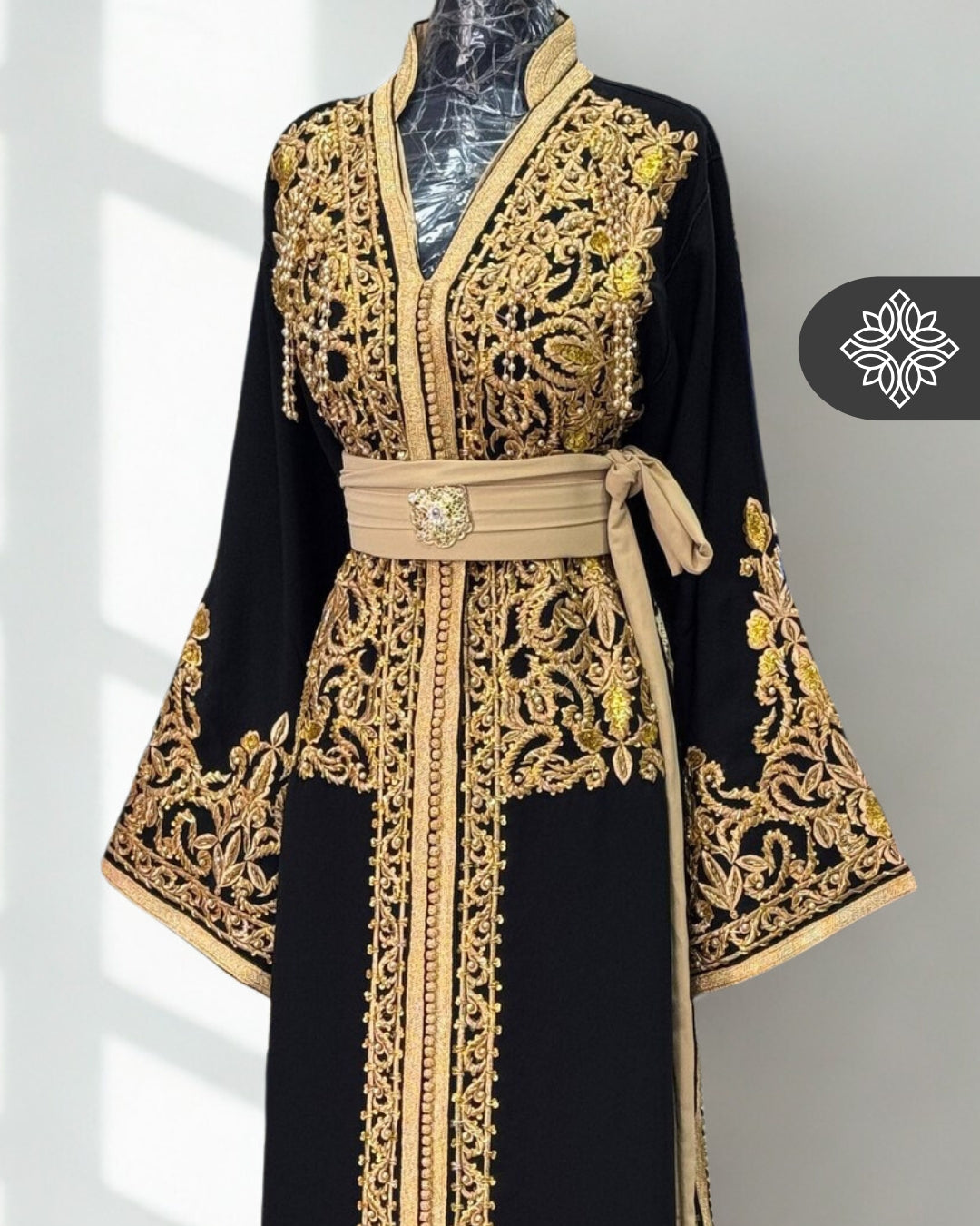 Black Moroccan One-Piece Kaftan | Tonal Gold Embroidery | Royal Moroccan Caftan