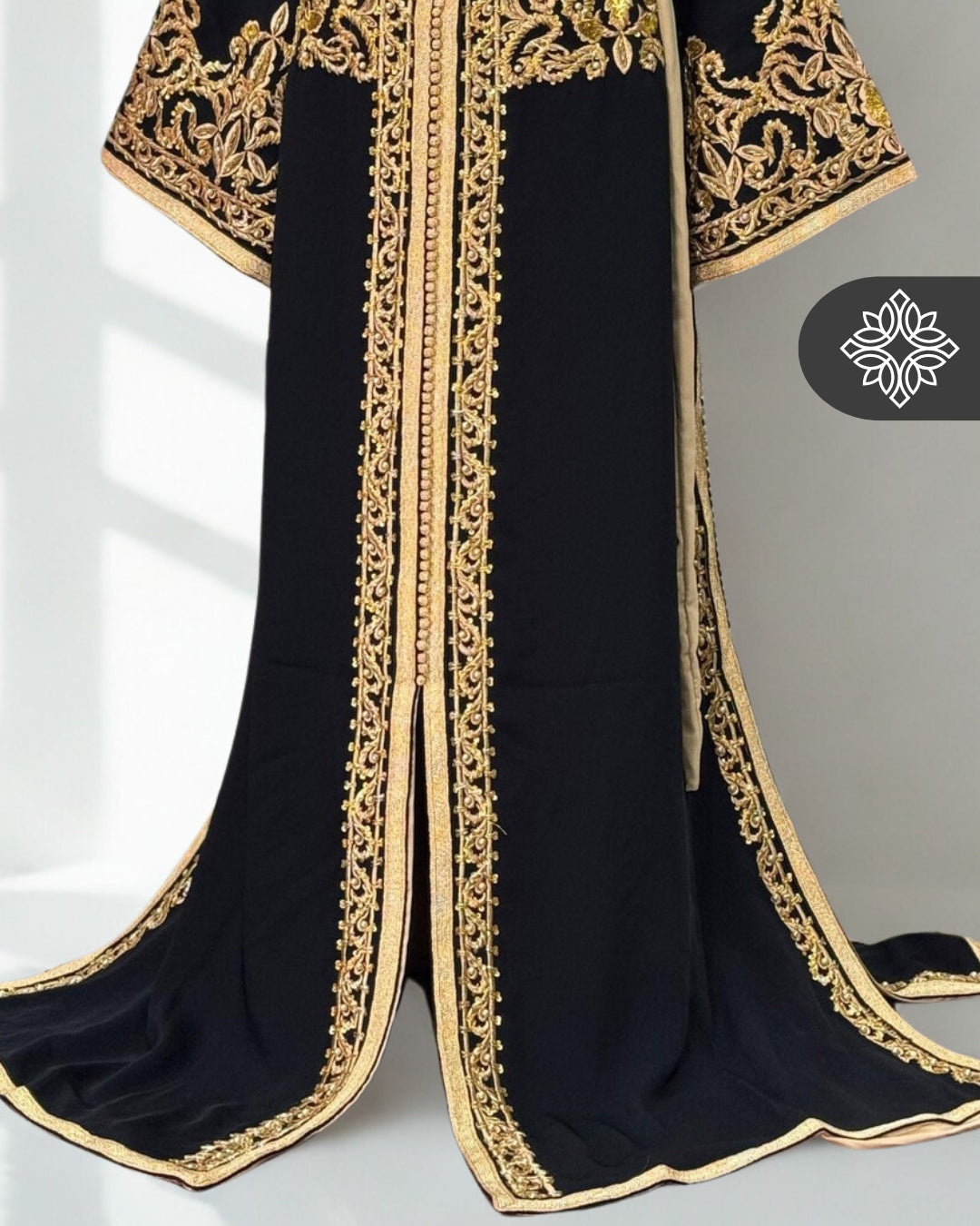 Black Moroccan One-Piece Kaftan | Tonal Gold Embroidery | Royal Moroccan Caftan