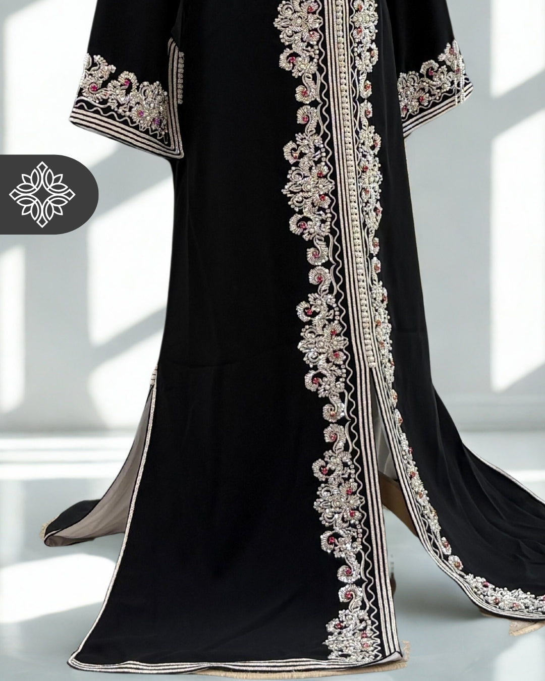 Black One-Piece Kaftan | Dramatic Silver Embroidery & Beads | Moroccan Caftan Dress