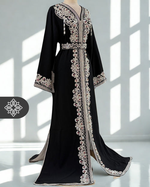 Black One-Piece Kaftan | Dramatic Silver Embroidery & Beads | Moroccan   The.moroccan.caftan