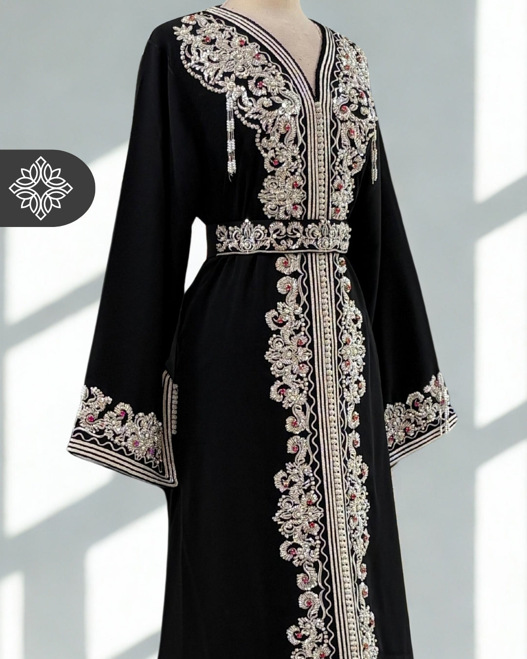 Black One-Piece Kaftan | Dramatic Silver Embroidery & Beads | Moroccan Caftan Dress