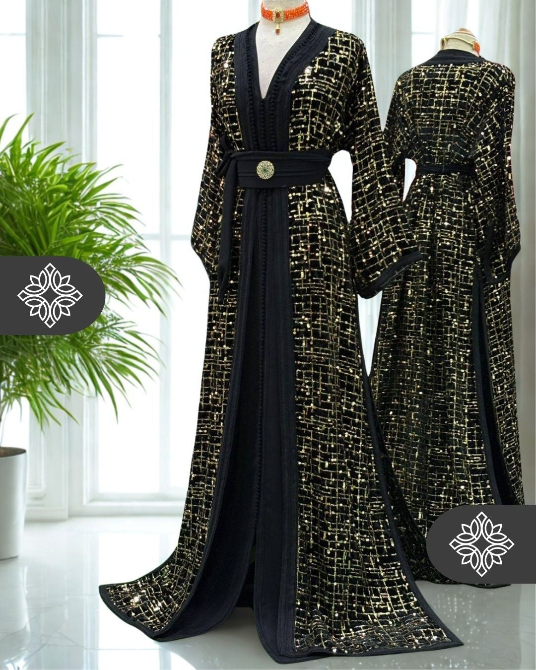 Black Two-Piece Kaftan | Gold Lattice Embroidery | Moroccan Takchita