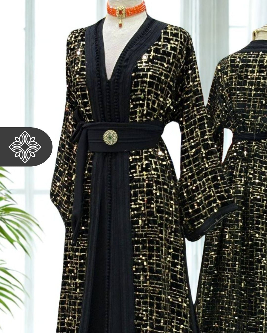 Black Two-Piece Kaftan | Gold Lattice Embroidery | Moroccan Takchita
