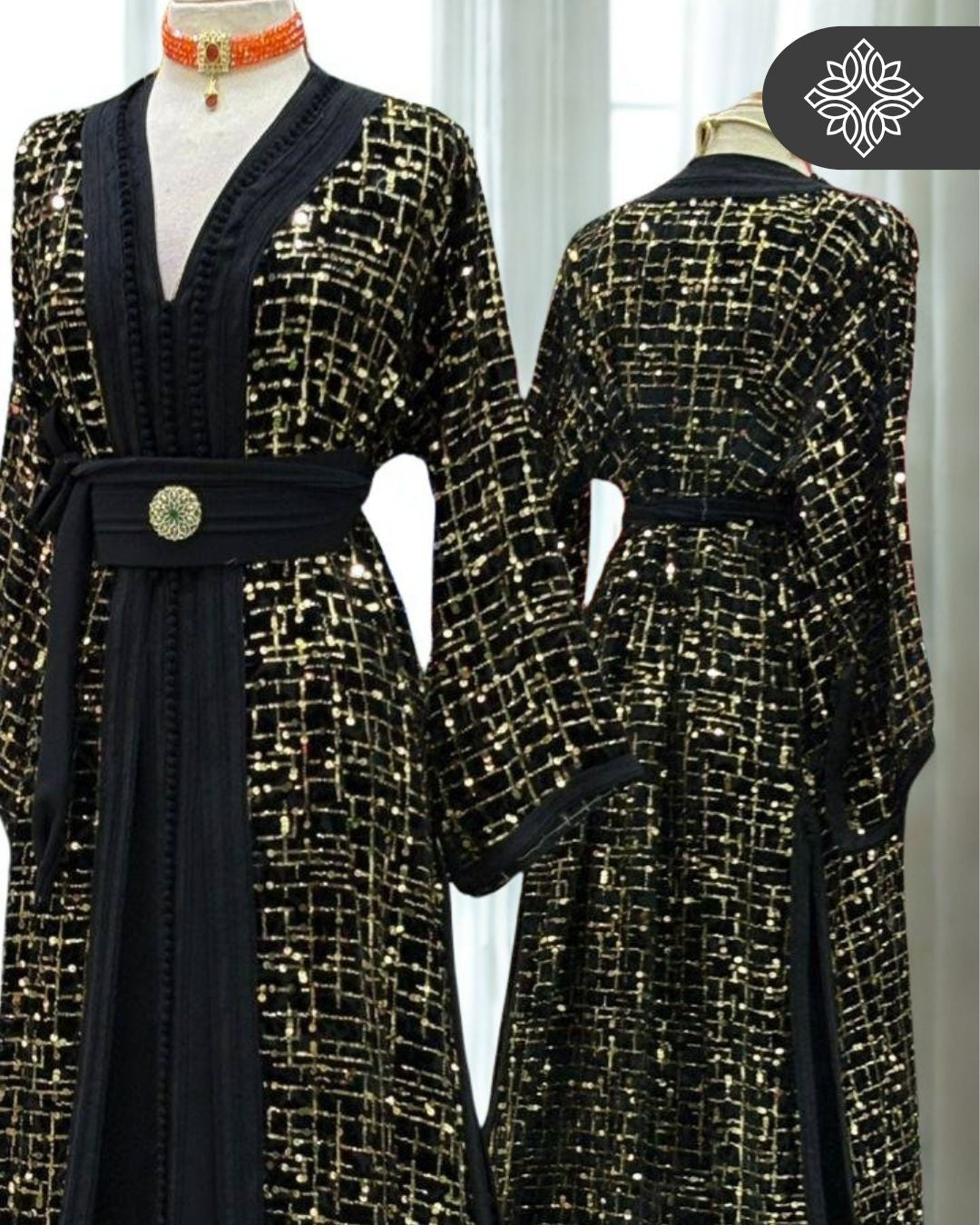 Black Two-Piece Kaftan | Gold Lattice Embroidery | Moroccan Takchita