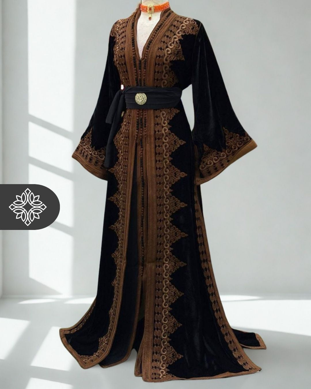 Black Two-Piece Kaftan | Brown Traditional Tonal Embroidery | Moroccan Takchita