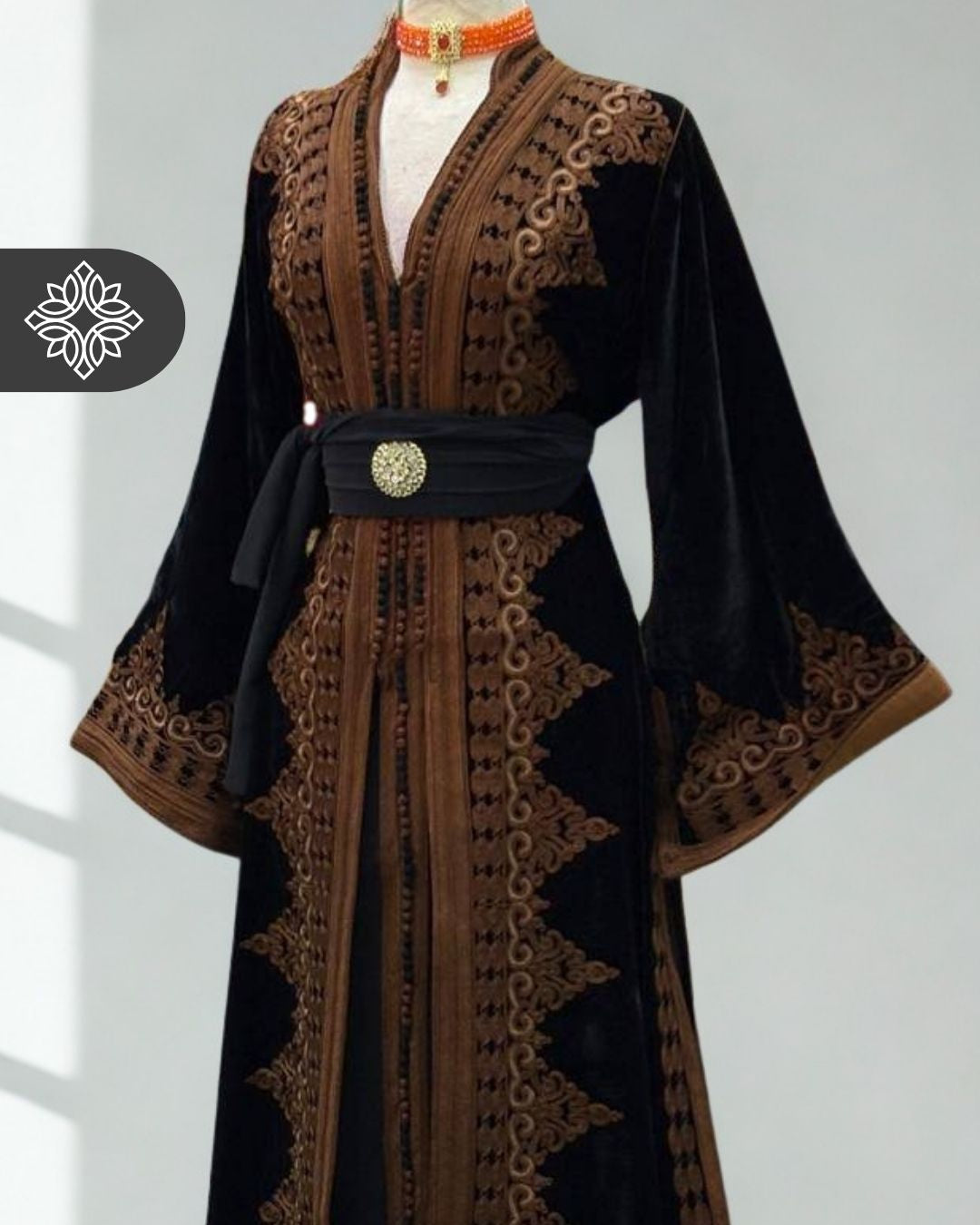 Black Two-Piece Kaftan | Brown Traditional Tonal Embroidery | Moroccan Takchita