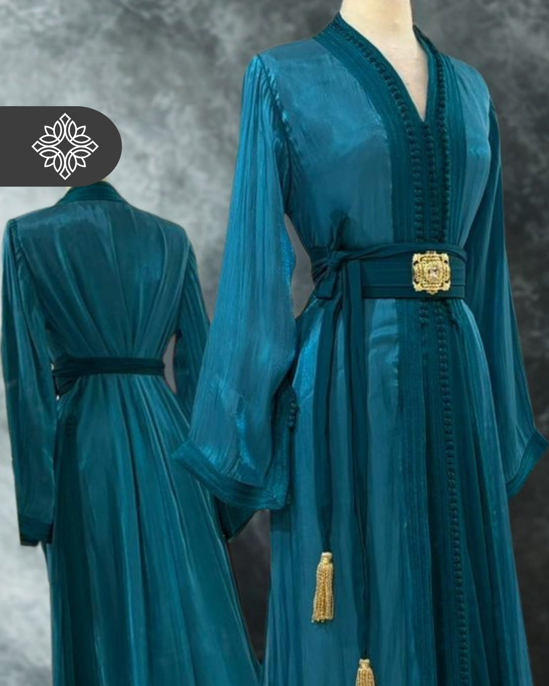 Blue Turquoise Organza Two-Piece Kaftan | Vibrant Moroccan Takchita Dress