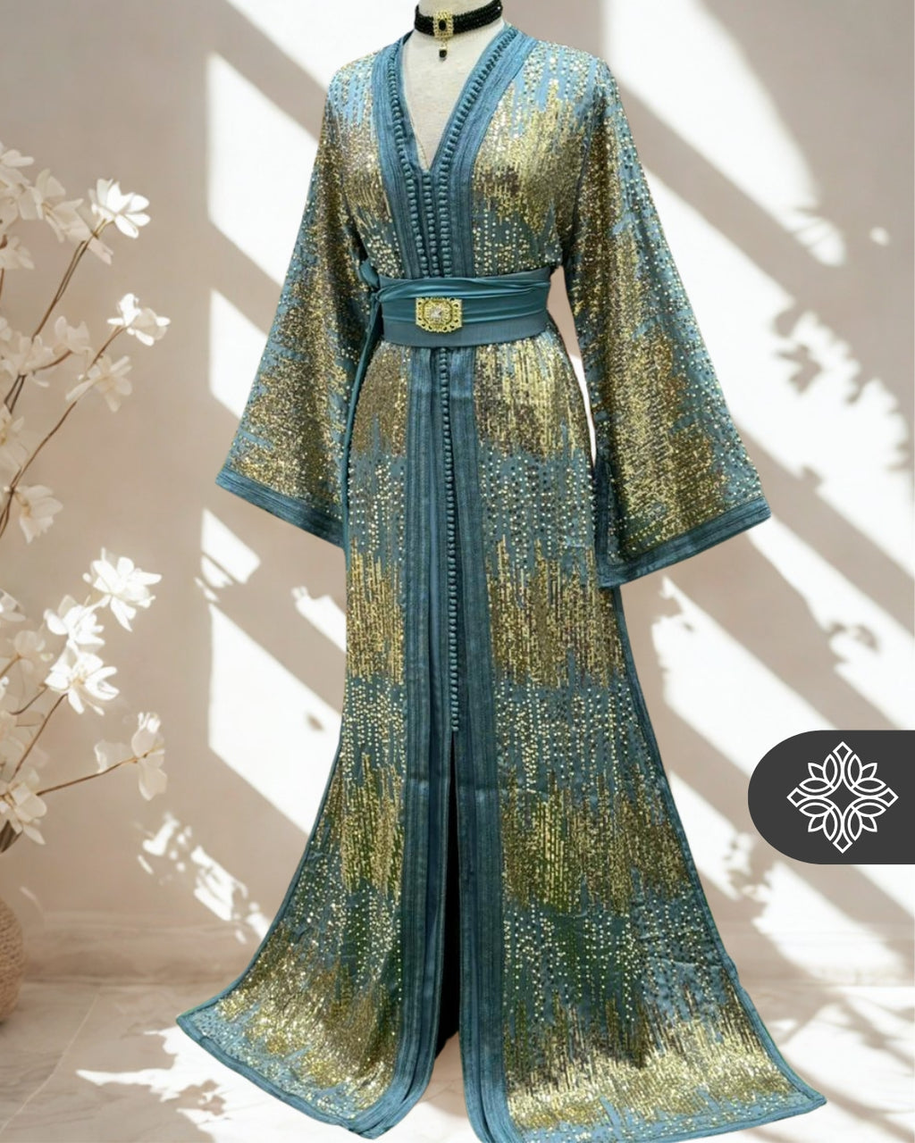 Emerald Teal Moroccan Two-Piece Kaftan | Gold Sequin Embroidery
