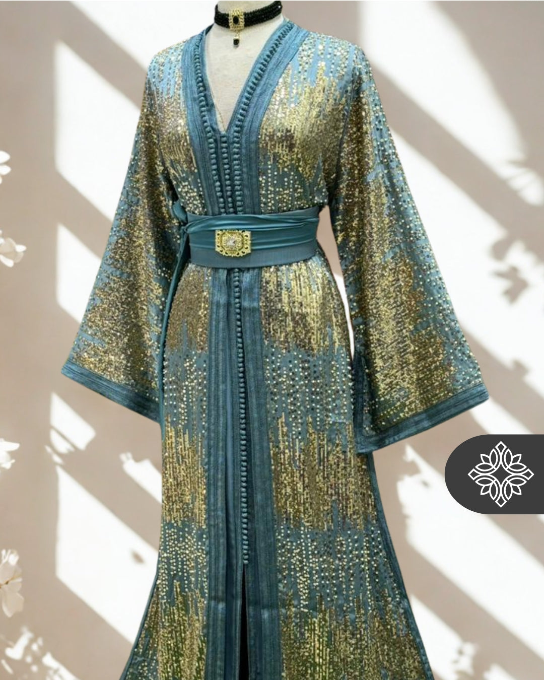 Emerald Teal Moroccan Two-Piece Kaftan | Gold Sequin Embroidery