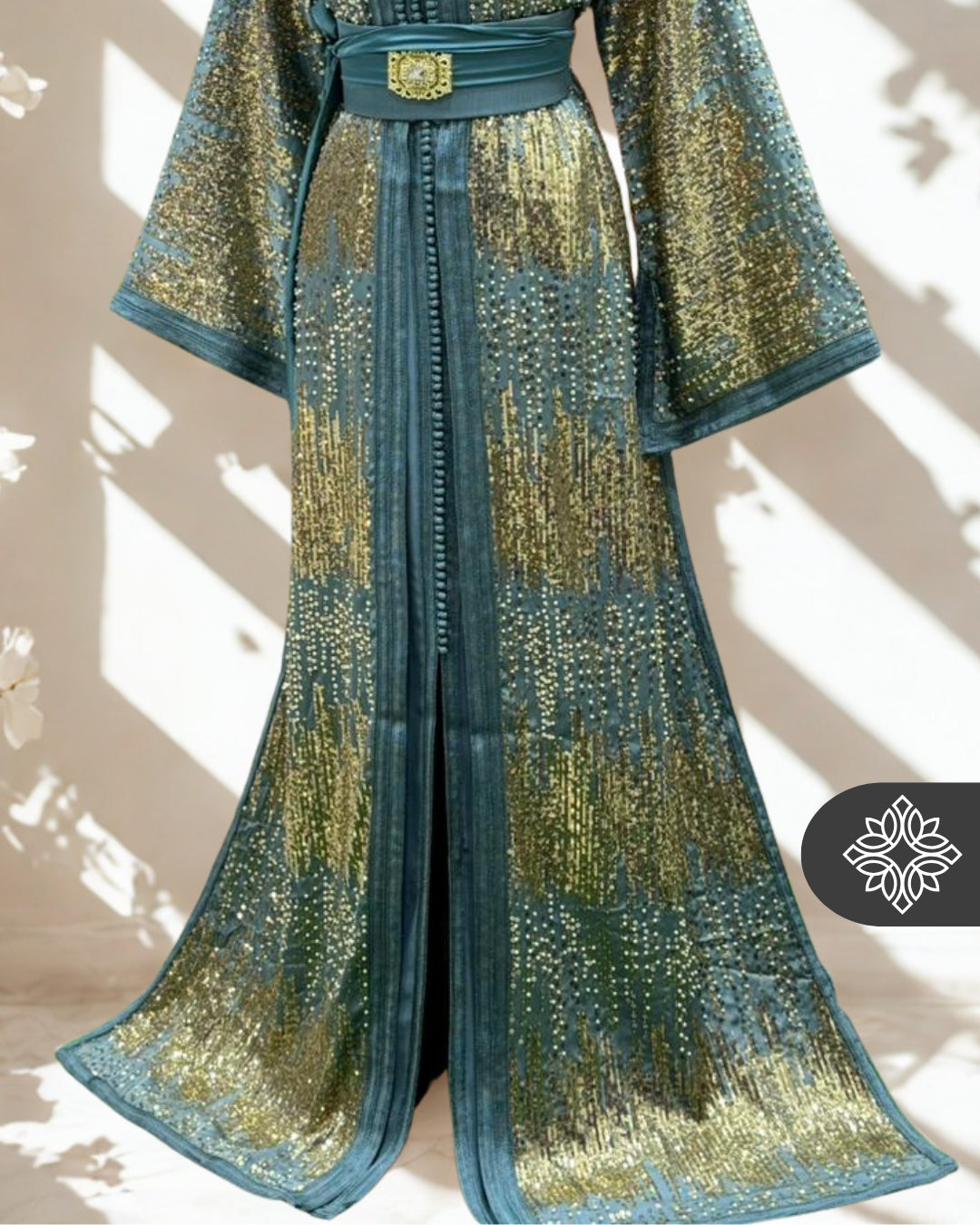 Blush Pink Moroccan Two-Piece Kaftan | Gold Sequin Embroidery