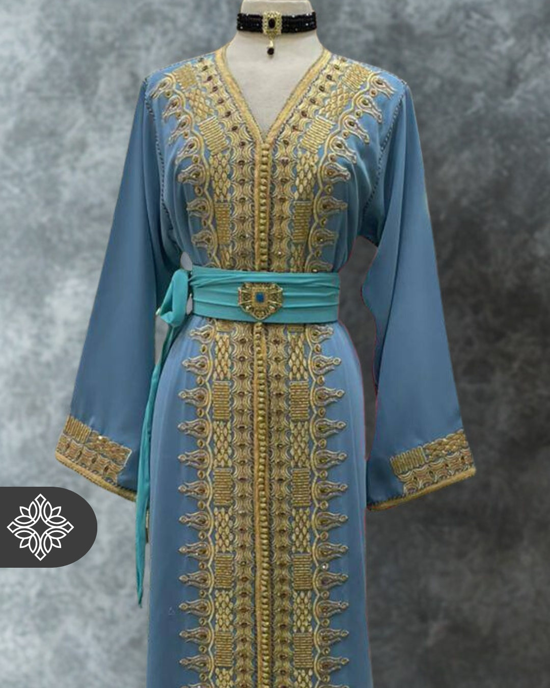 Blue Kaftan Gold Embroidery