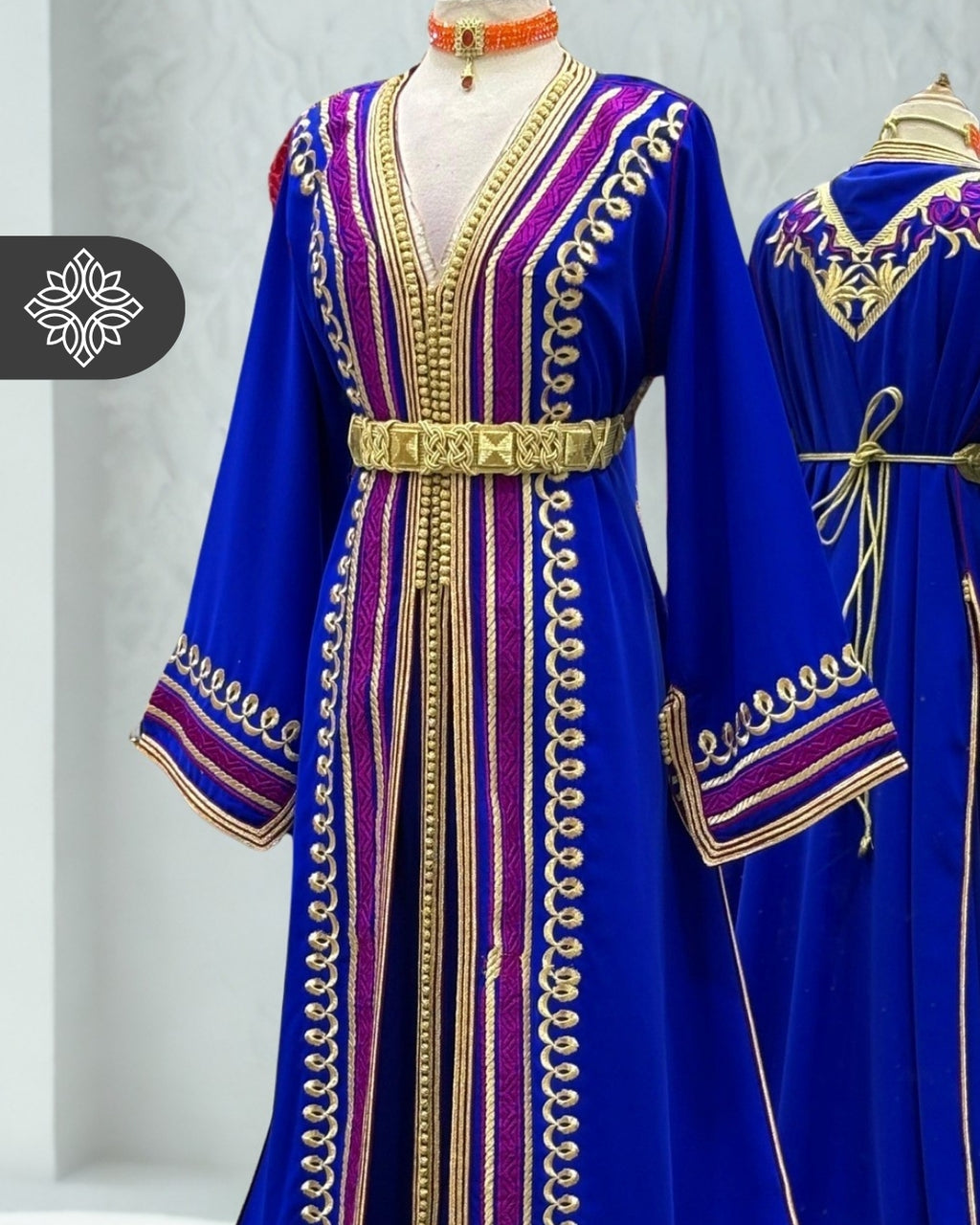 Burgundy Two Piece Moroccan Kaftan, Takshita with Sky Blue Stitching and Gold Embroidery