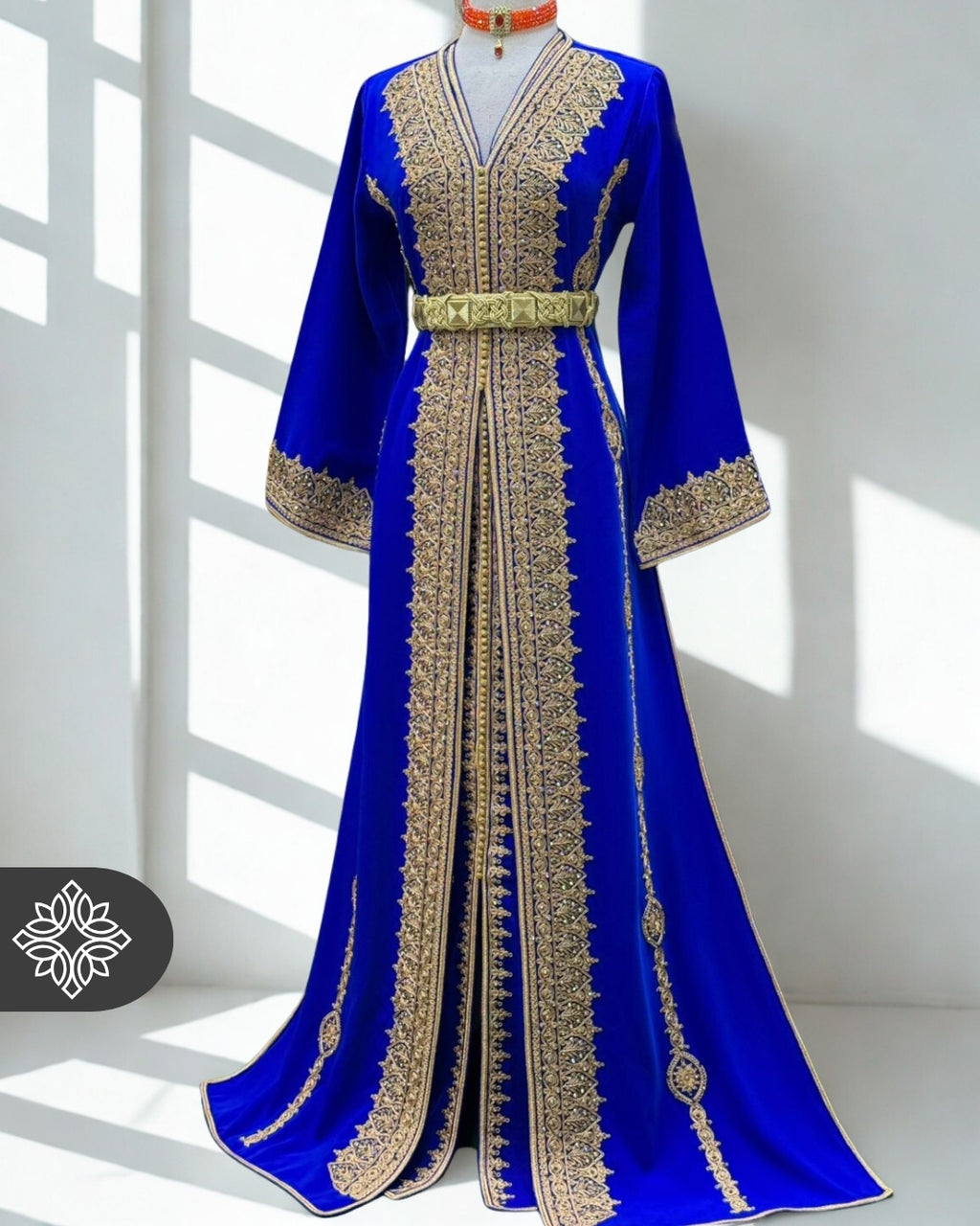 Royal Moroccan Two-Piece Kaftan | Blue & Gold Embroidered Luxury Design