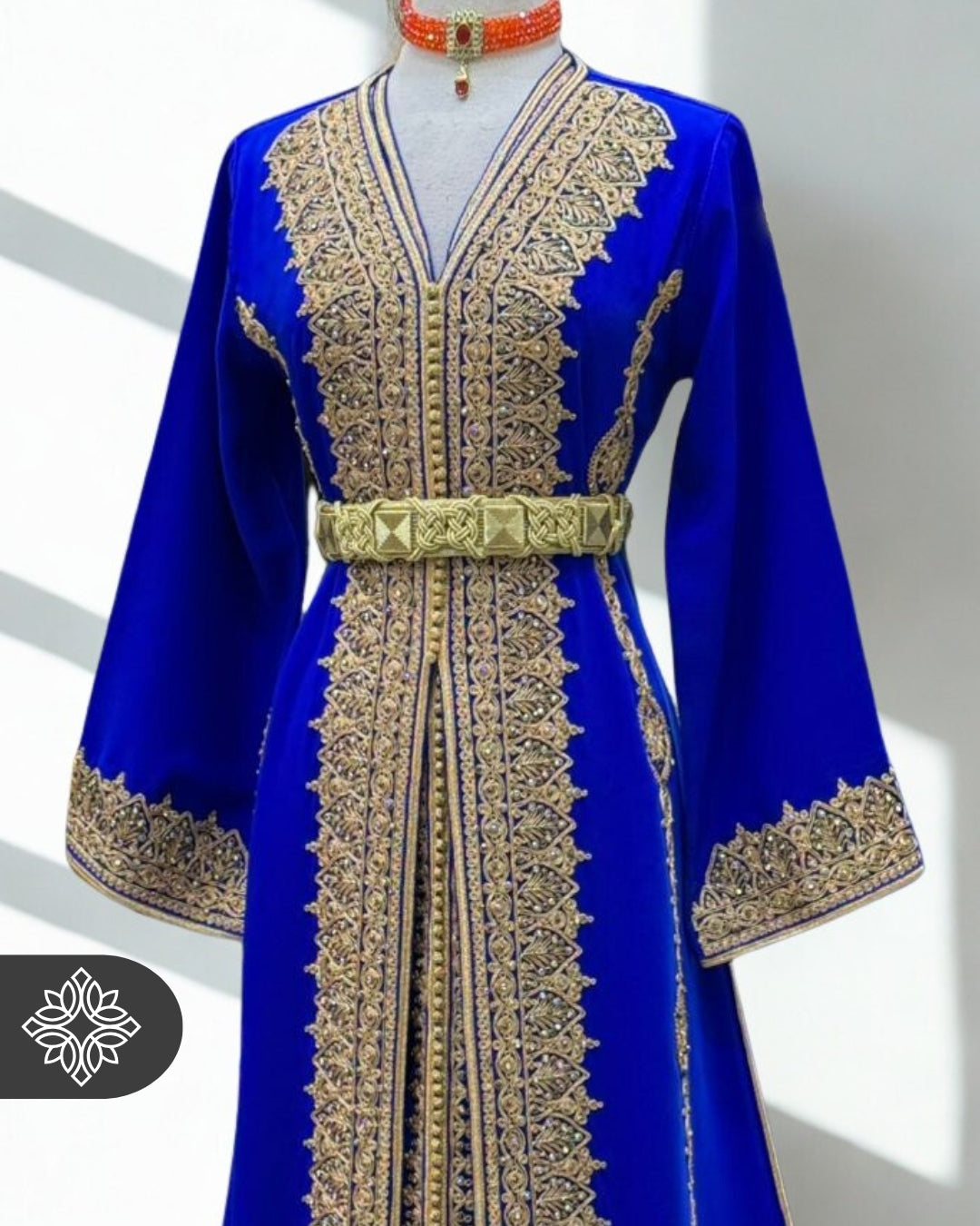 Royal Moroccan Two-Piece Kaftan | Blue & Gold Embroidered Luxury Design