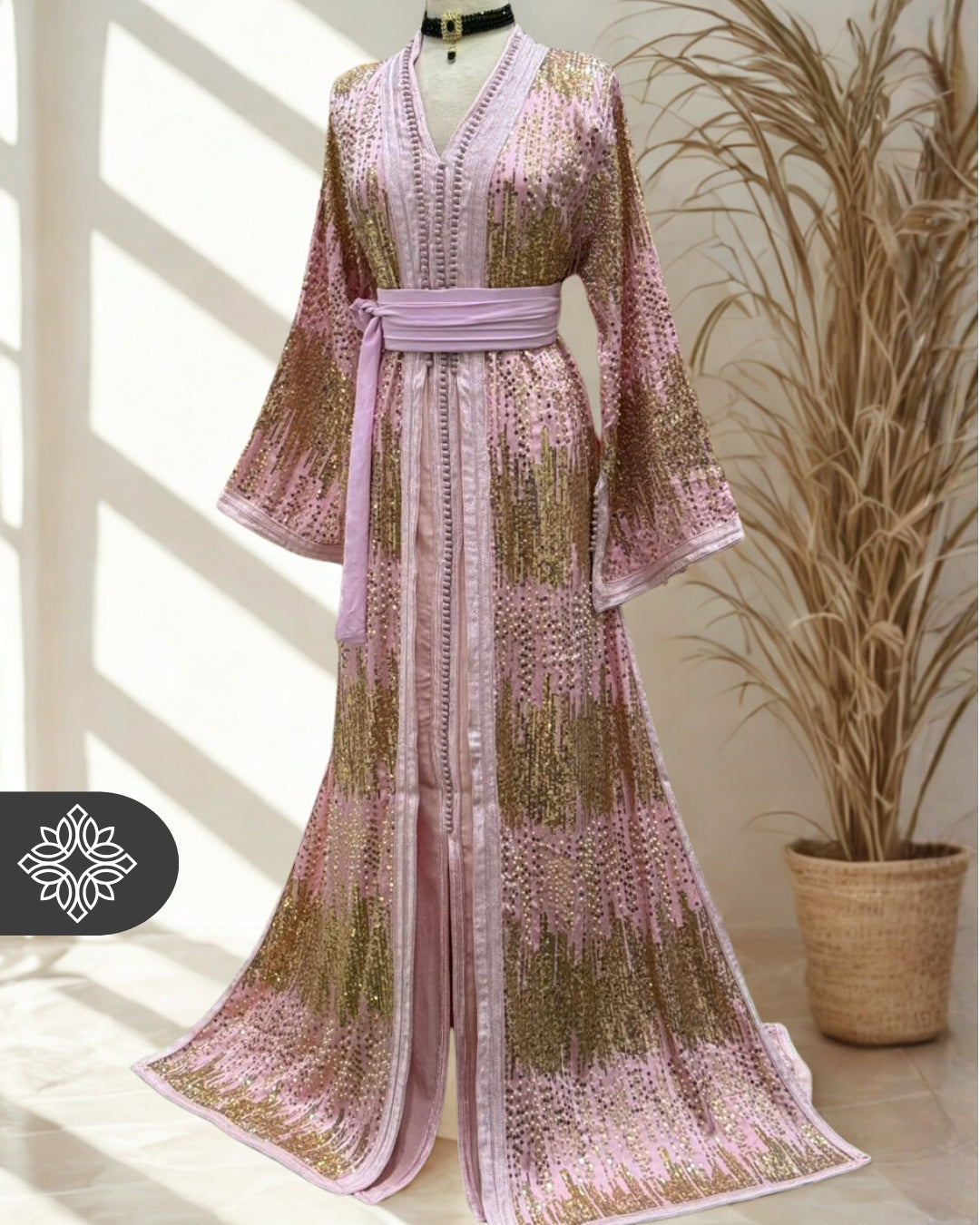 Blush Pink Moroccan Two-Piece Kaftan | Gold Sequin Embroidery