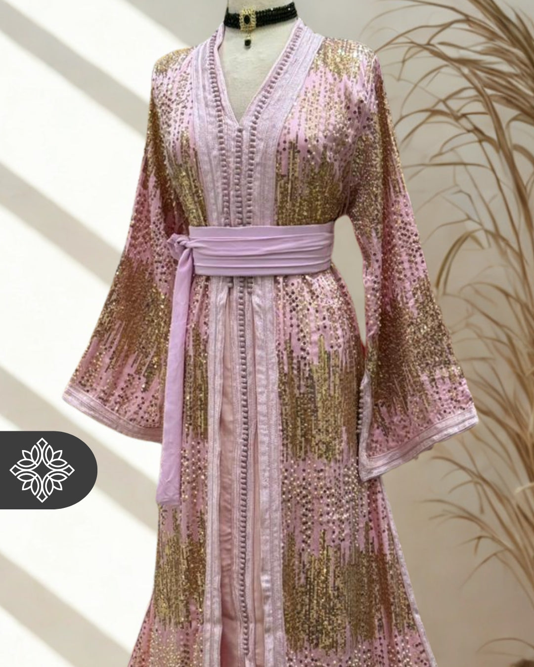 Blush Pink Moroccan Two-Piece Kaftan | Gold Sequin Embroidery