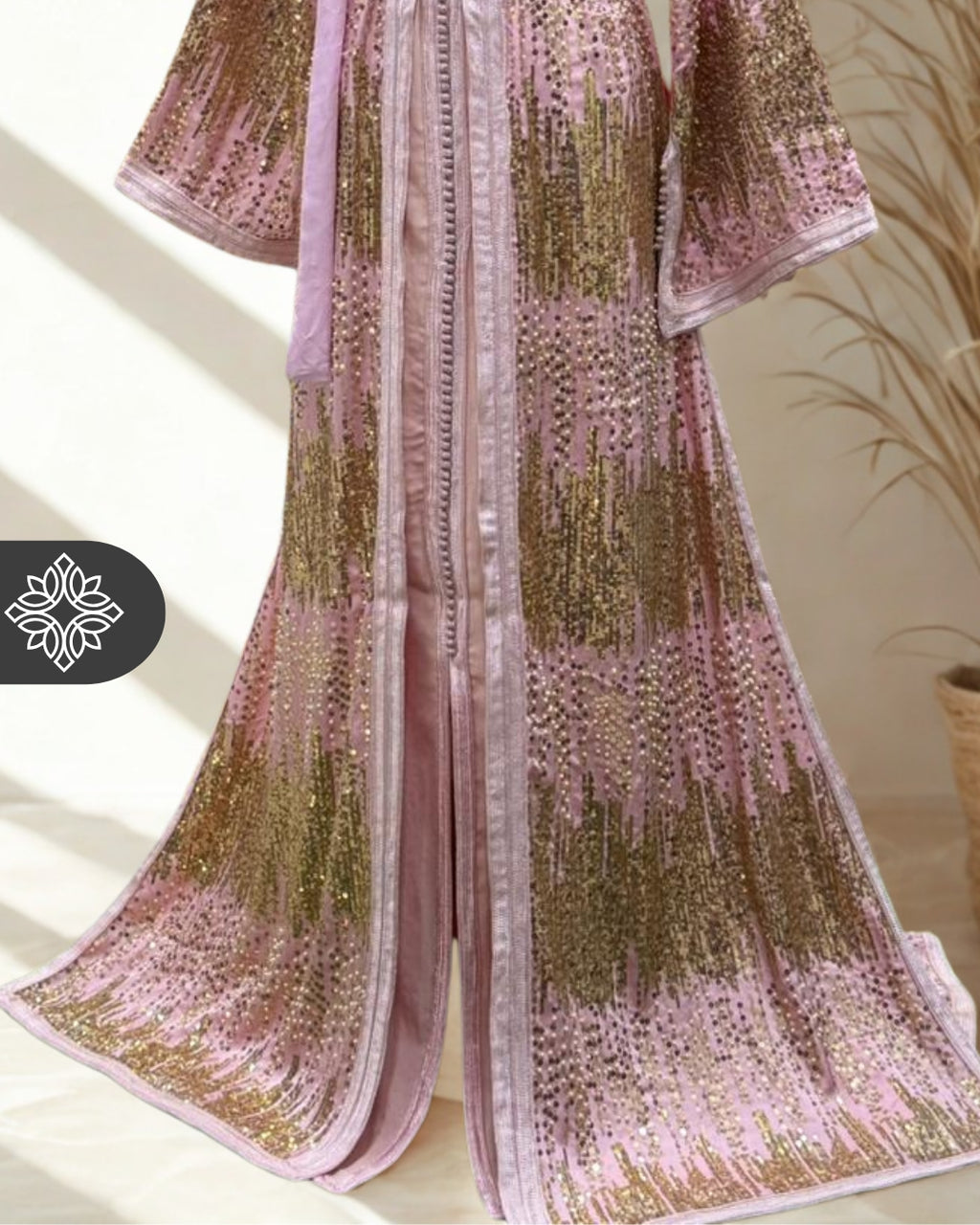 Emerald Teal Moroccan Two-Piece Kaftan | Gold Sequin Embroidery