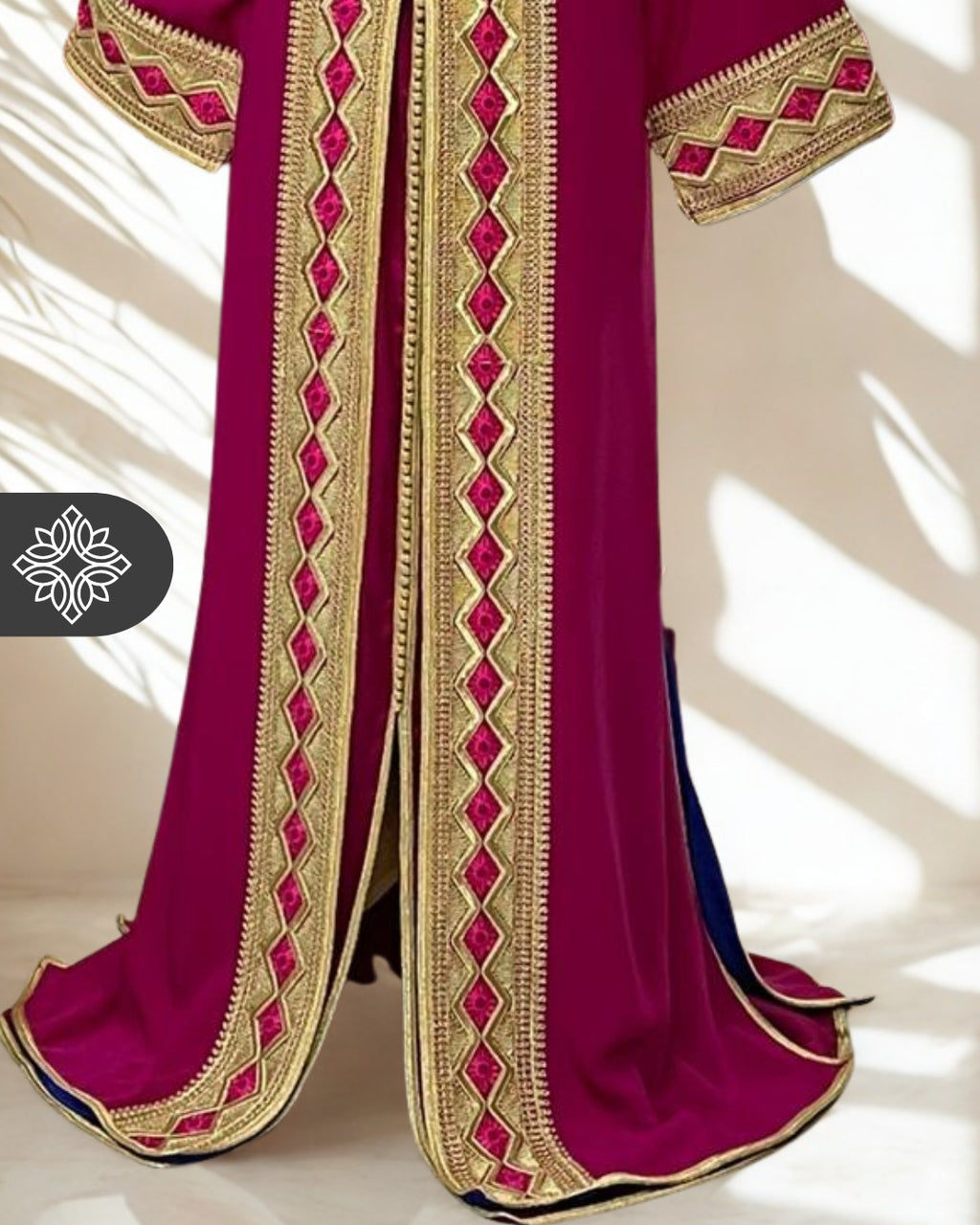 Amber Brown Moroccan Two-Piece Kaftan, Takchita Gold Embroidered