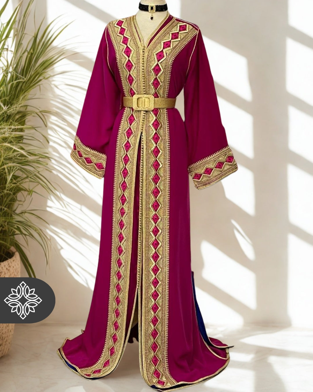 Amber Brown Moroccan Two-Piece Kaftan, Takchita Gold Embroidered