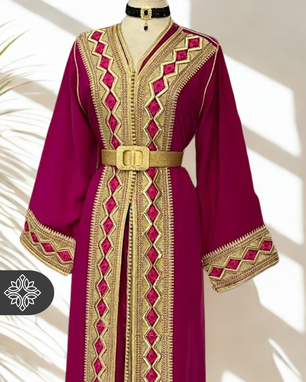 Amber Brown Moroccan Two-Piece Kaftan, Takchita Gold Embroidered