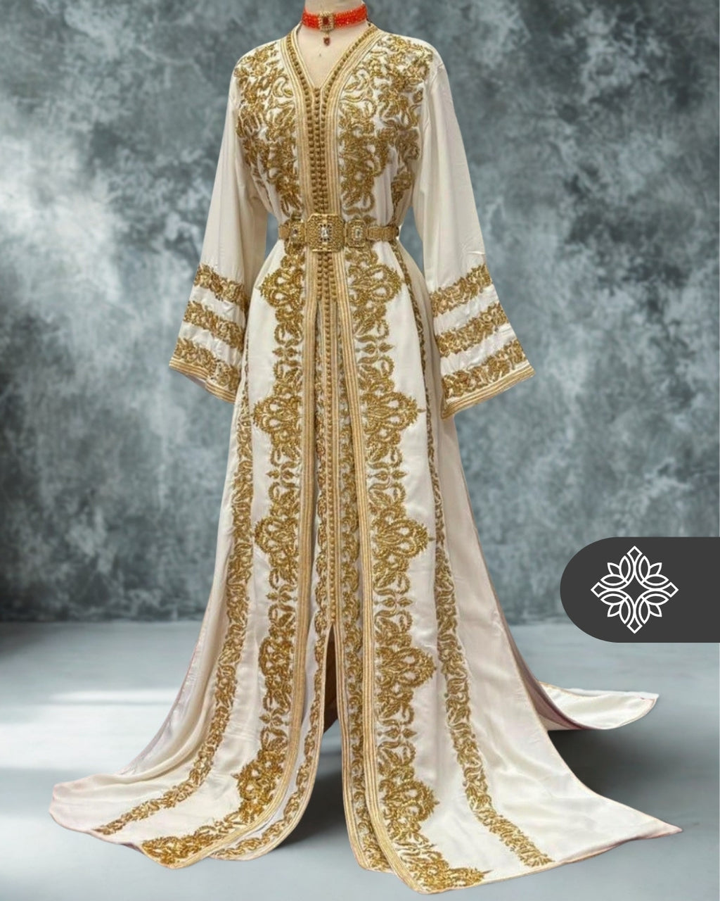 Bridal Ivory White Moroccan Takchita | Luxury Two-Piece Kaftan | Golden Embroidery & Stone Detailing