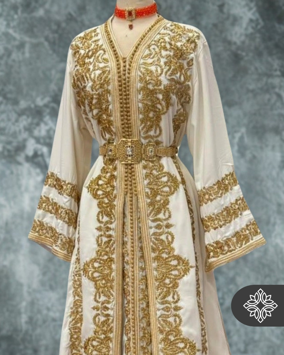 Bridal Ivory White Moroccan Takchita | Luxury Two-Piece Kaftan | Golden Embroidery & Stone Detailing
