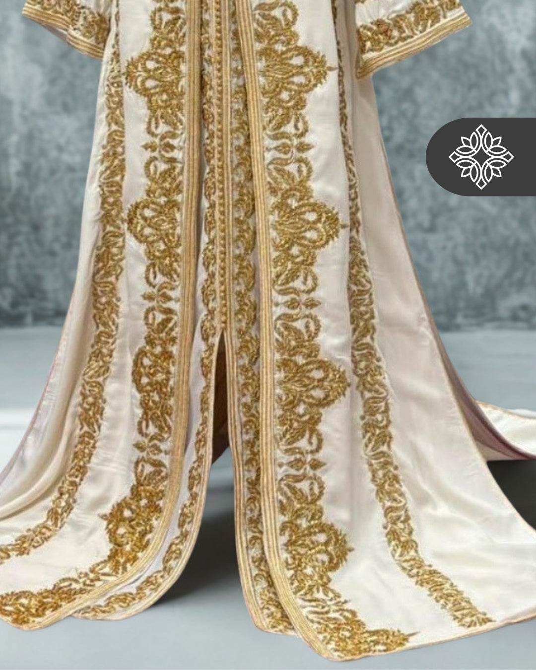 Bridal Ivory White Moroccan Takchita | Luxury Two-Piece Kaftan | Golden Embroidery & Stone Detailing