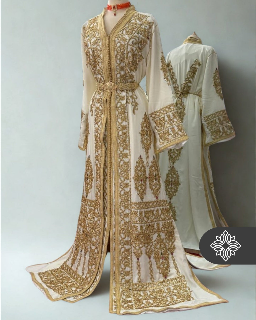 Bridal Pearl White Moroccan Takchita | Luxury Two-Piece Kaftan | Golden Embroidery & Stone Detailing