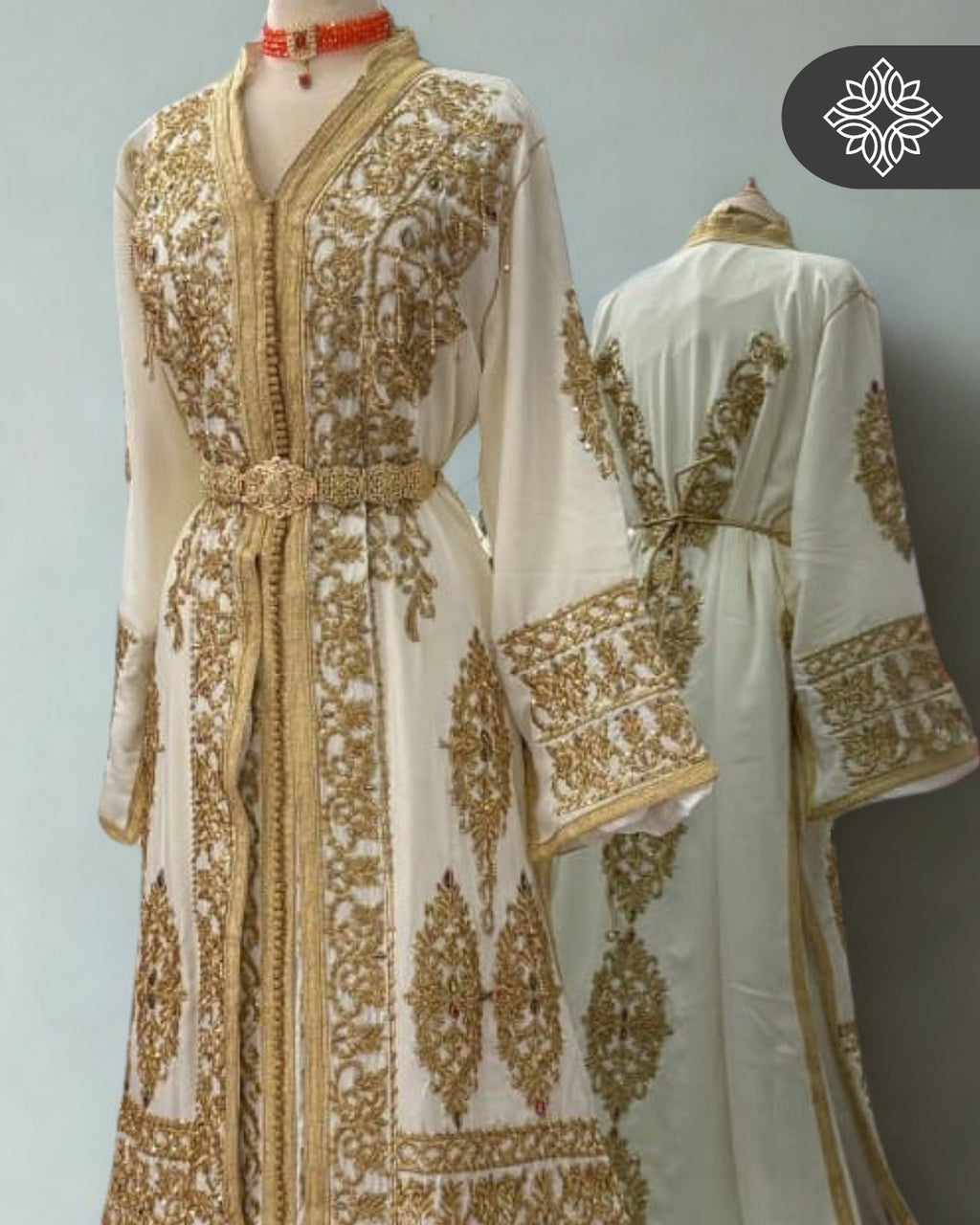 Bridal Pearl White Moroccan Takchita | Luxury Two-Piece Kaftan | Golden Embroidery & Stone Detailing
