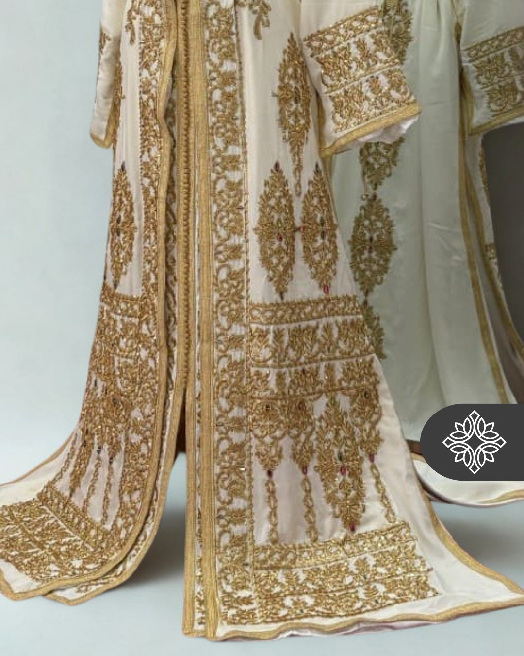 Bridal Pearl White Moroccan Takchita | Luxury Two-Piece Kaftan | Golden Embroidery & Stone Detailing