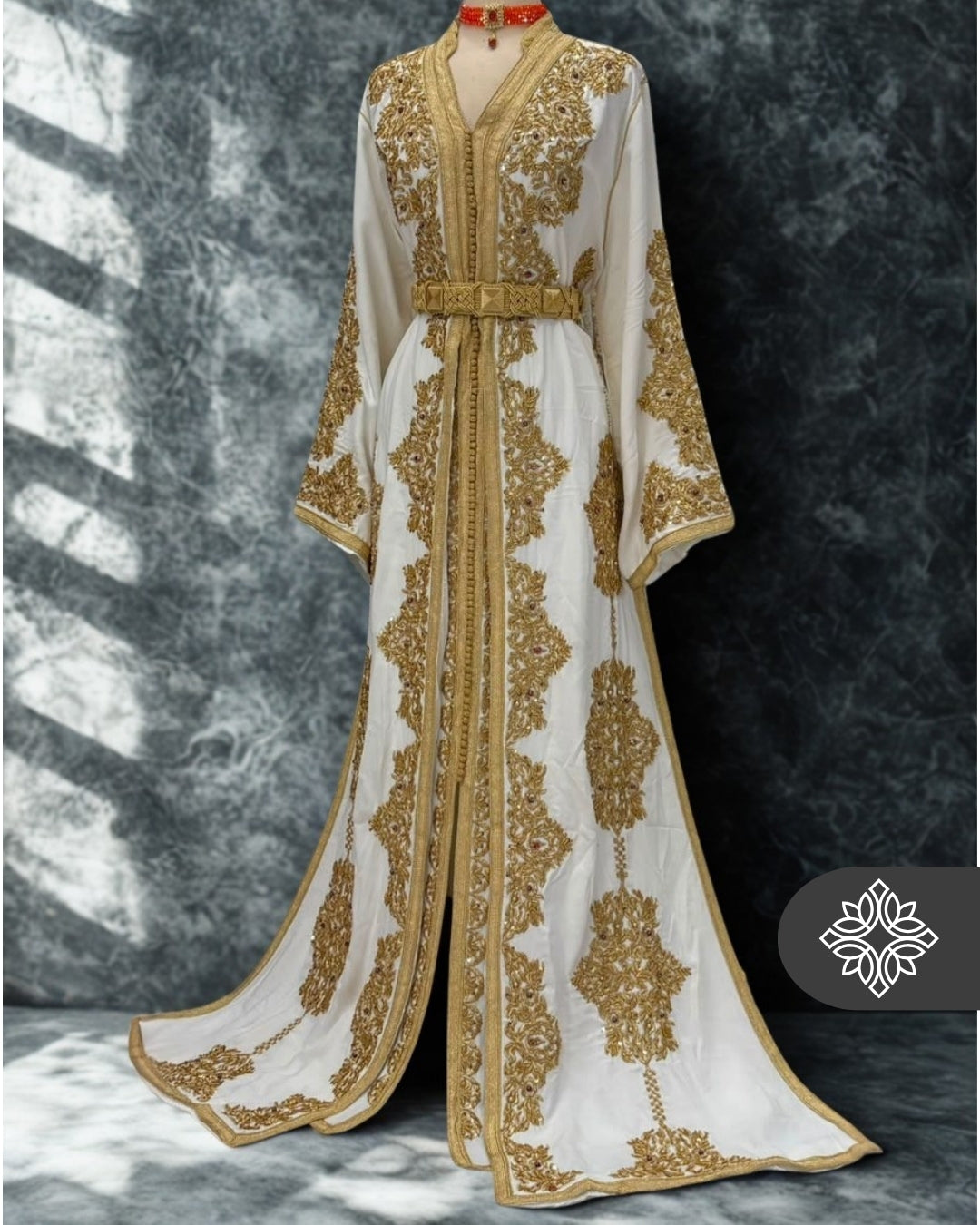 Bridal White Moroccan Takchita | Couture Two-Piece Kaftan | Golden Embroidery & Stone Detailing