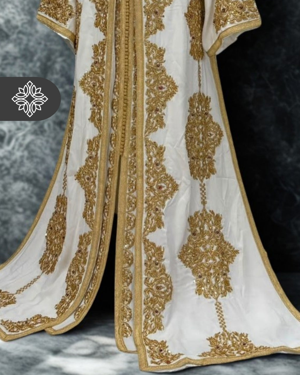Bridal White Moroccan Takchita | Couture Two-Piece Kaftan | Golden Embroidery & Stone Detailing