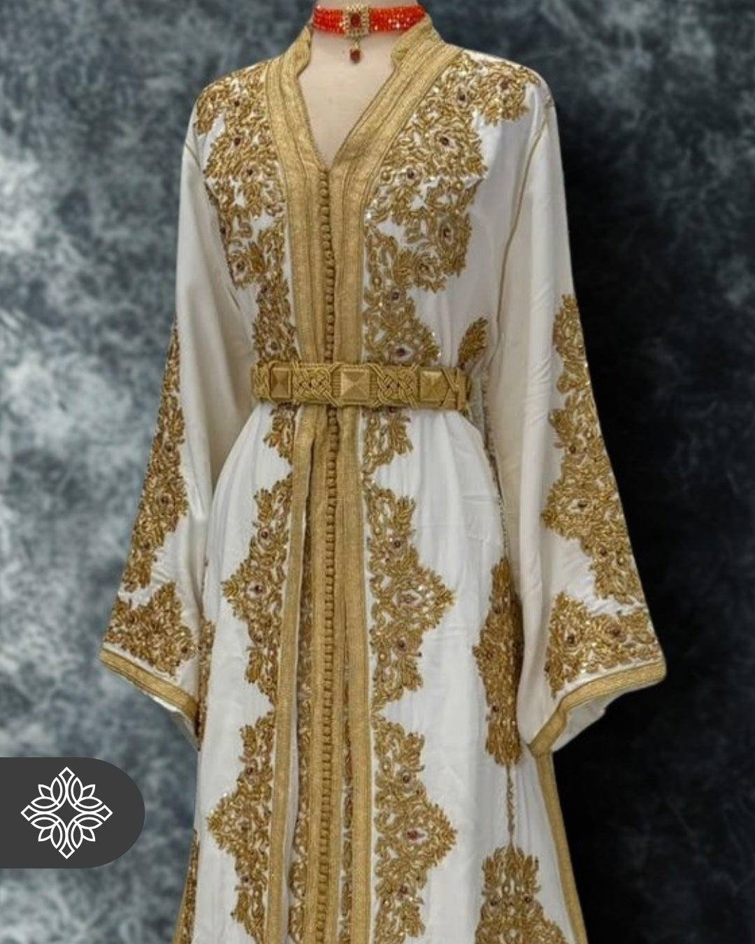 Bridal White Moroccan Takchita | Couture Two-Piece Kaftan | Golden Embroidery & Stone Detailing
