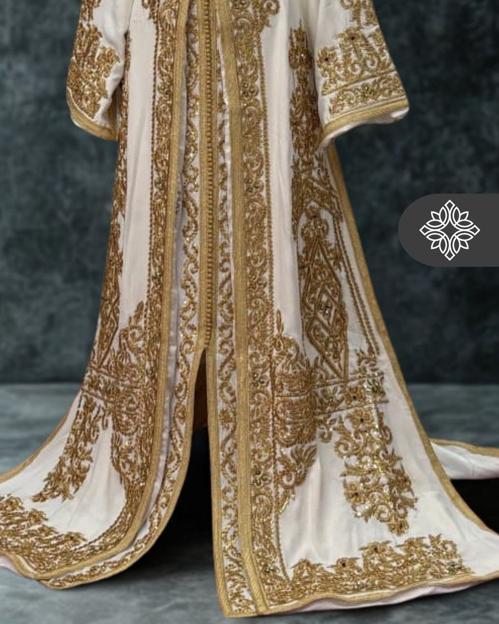Bridal White Moroccan Takchita | Couture Two-Piece Kaftan | Golden Embroidery & Stone Detailing
