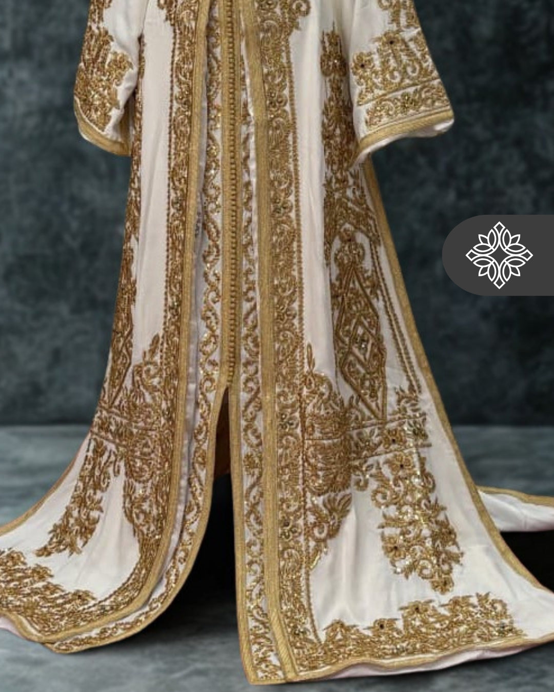 Bridal White Moroccan Takchita | Couture Two-Piece Kaftan | Golden Embroidery & Stone Detailing