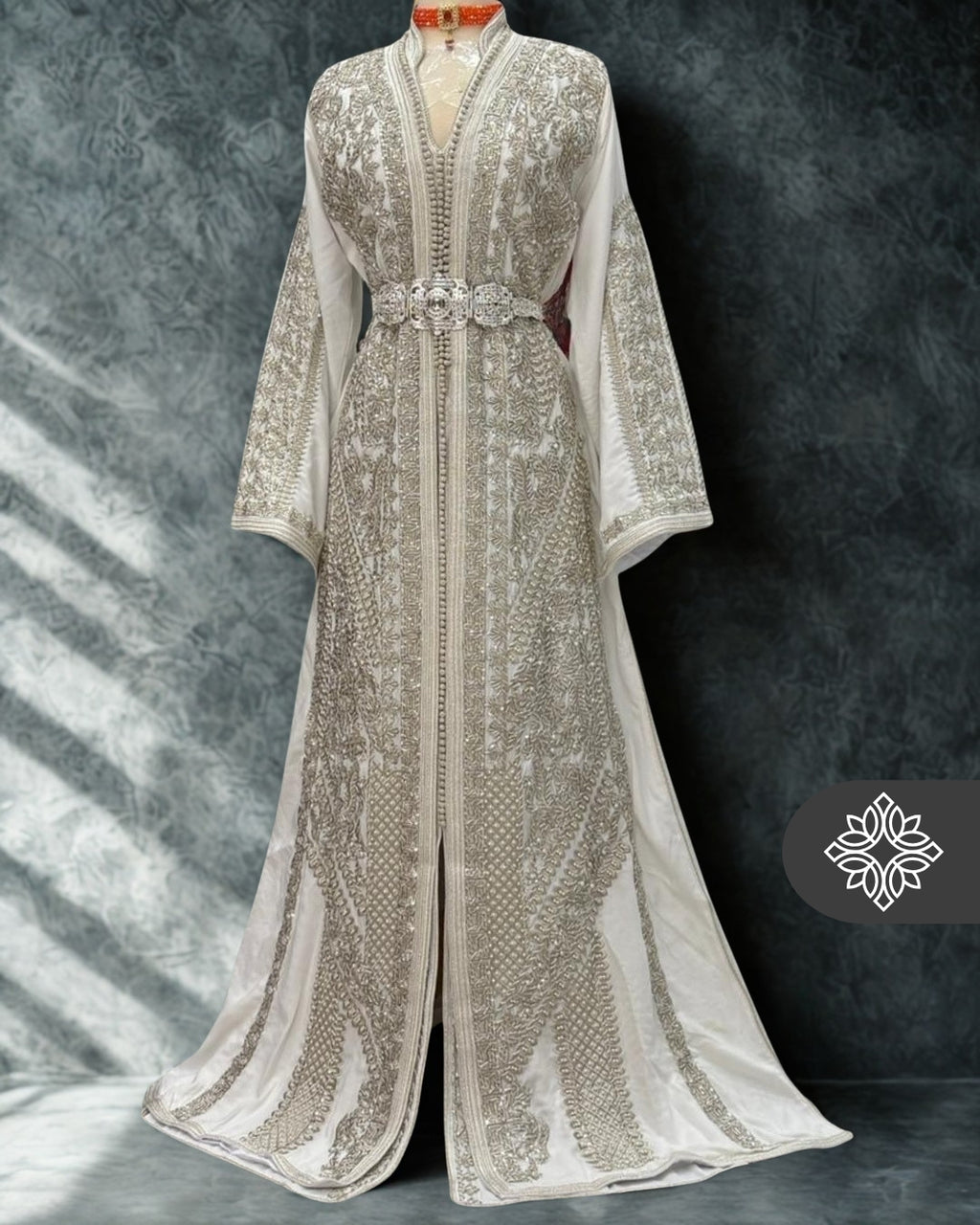 Bridal White Moroccan Takchita | Couture Two-Piece Kaftan | Silver Embroidery & Stone Detailing
