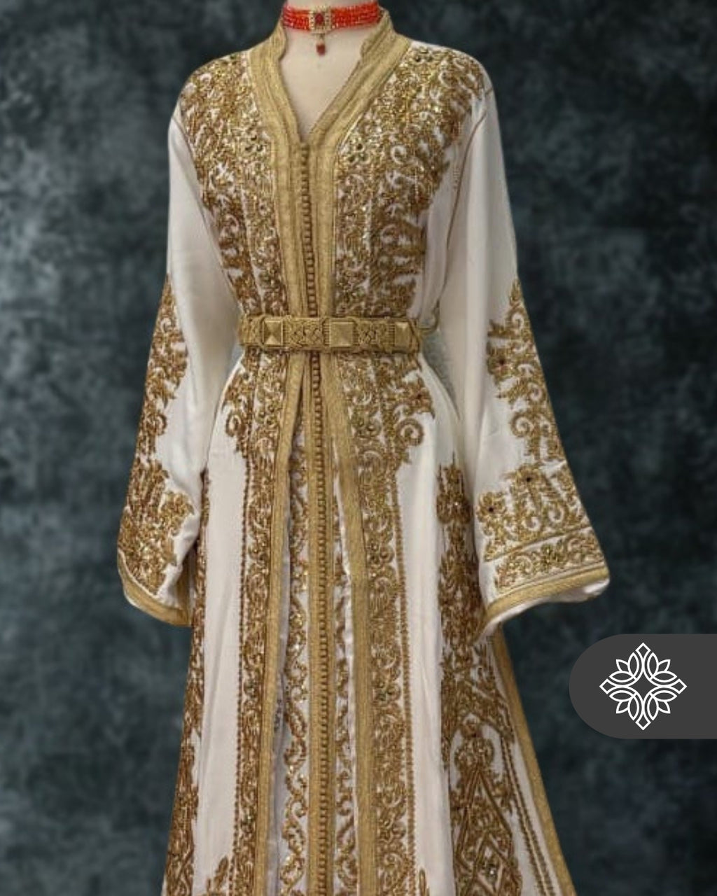 Bridal White Moroccan Takchita | Couture Two-Piece Kaftan | Golden Embroidery & Stone Detailing