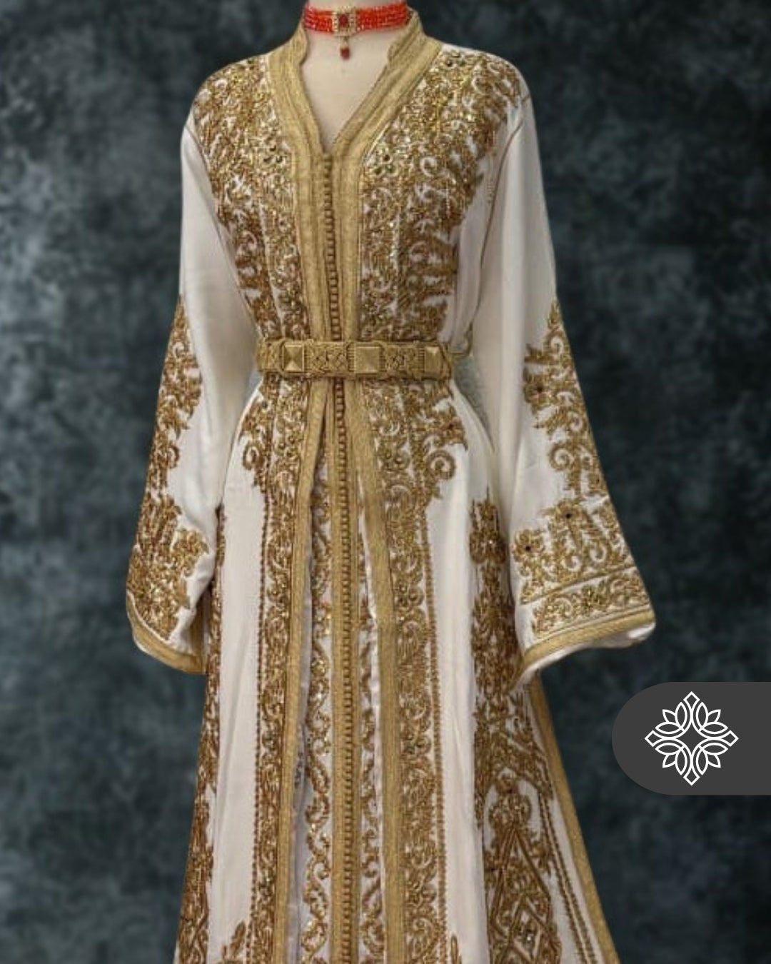 Bridal White Moroccan Takchita | Couture Two-Piece Kaftan | Golden Embroidery & Stone Detailing