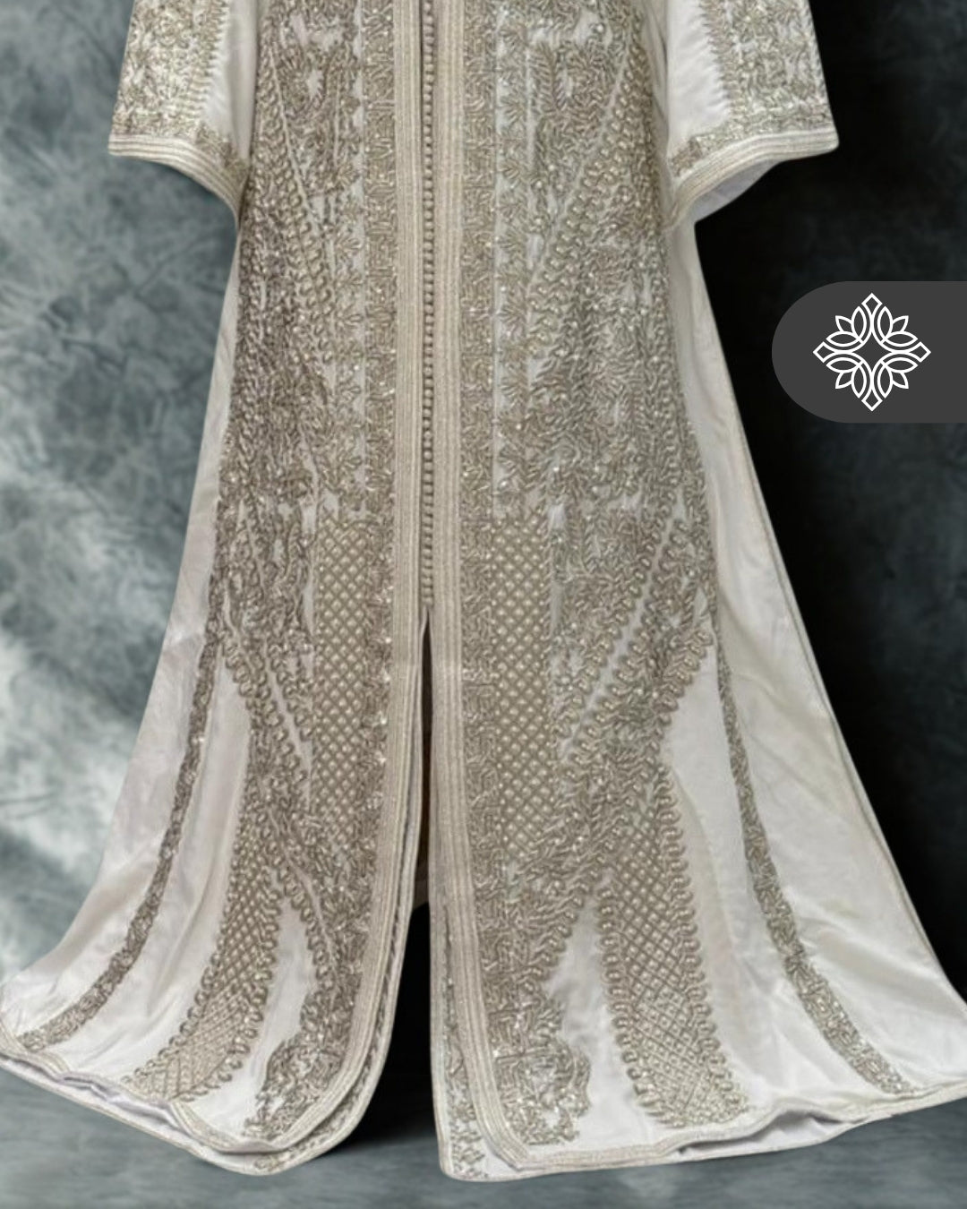 Bridal White Moroccan Takchita | Couture Two-Piece Kaftan | Silver Embroidery & Stone Detailing