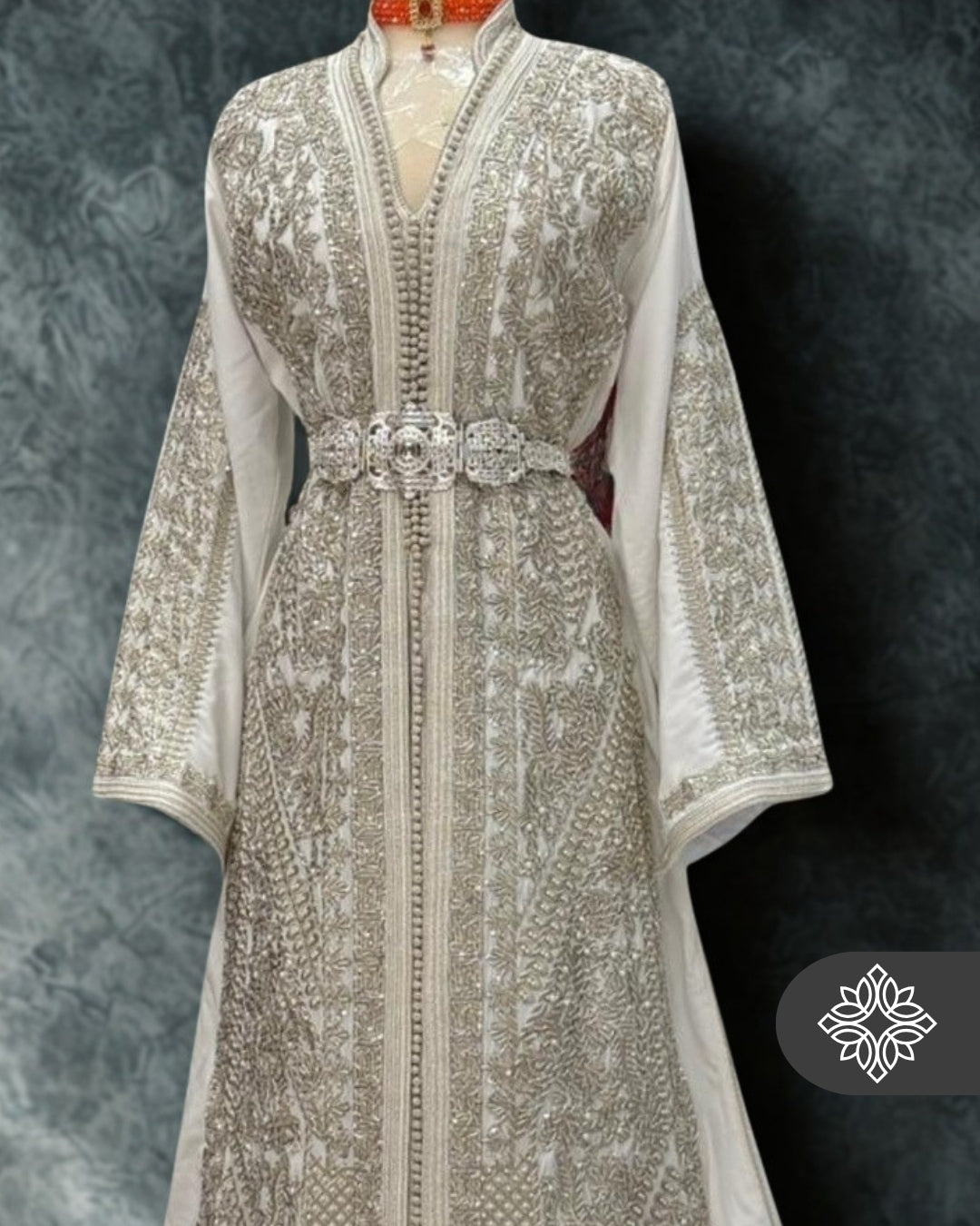 Bridal White Moroccan Takchita | Couture Two-Piece Kaftan | Silver Embroidery & Stone Detailing