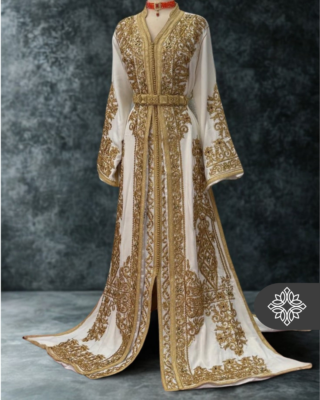 Bridal White Moroccan Takchita | Couture Two-Piece Kaftan | Golden Embroidery & Stone Detailing