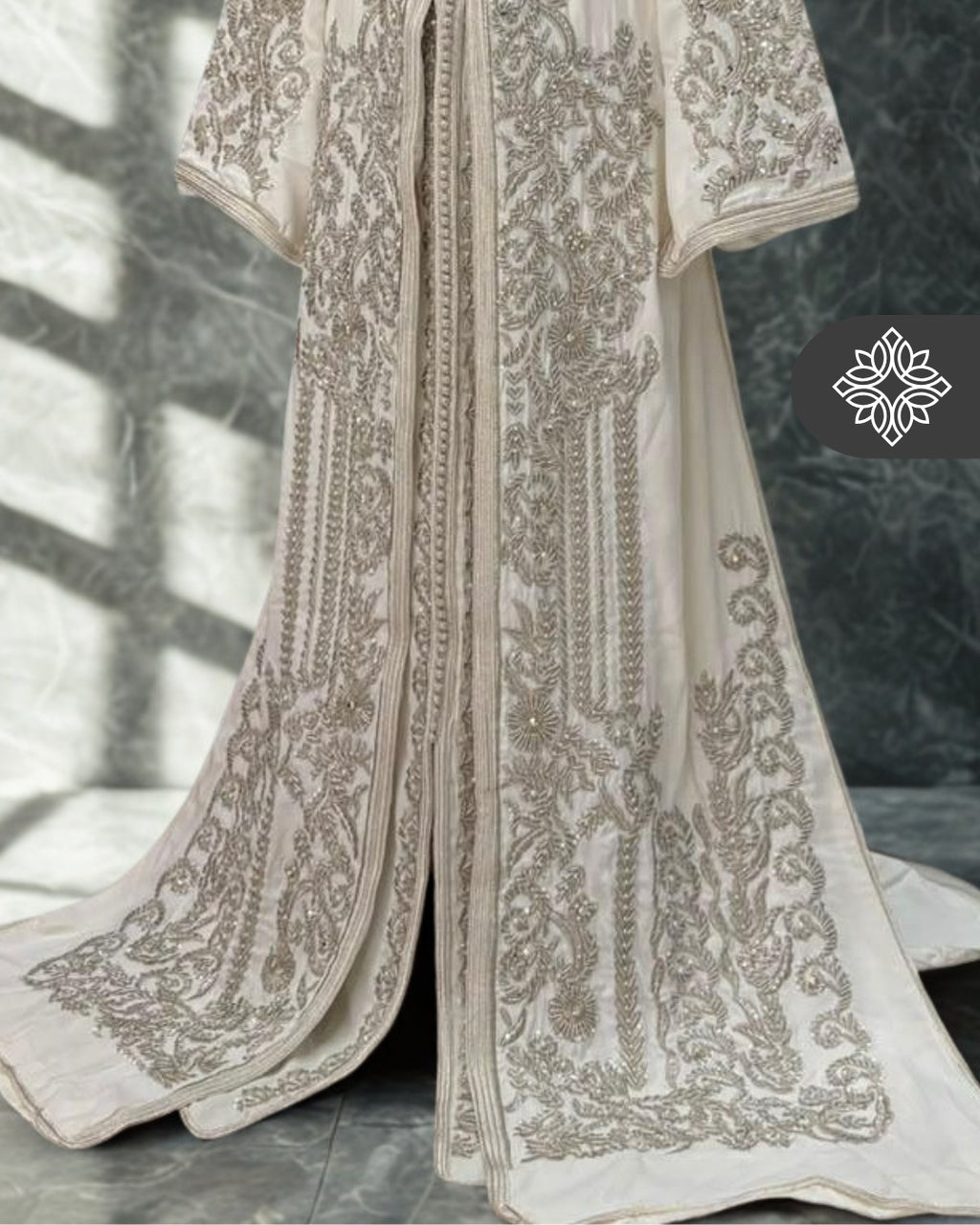 Bridal White Moroccan Takchita | Luxury Two-Piece Kaftan | Silver Embroidery